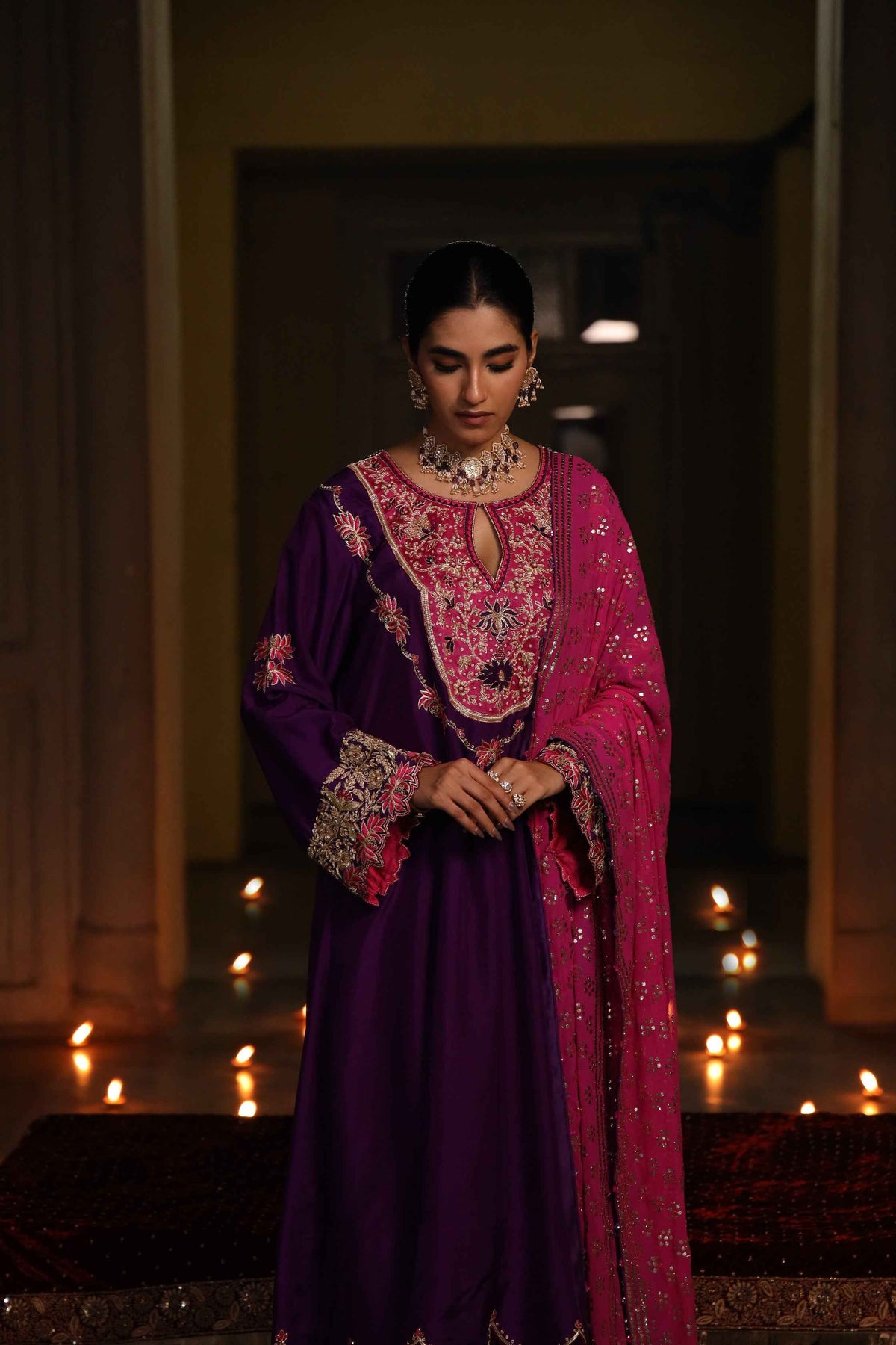 Fuschia Pink Pure Georgette Mukaish Chaddar with Purple Silk Hand Embroidered Kurta Set
