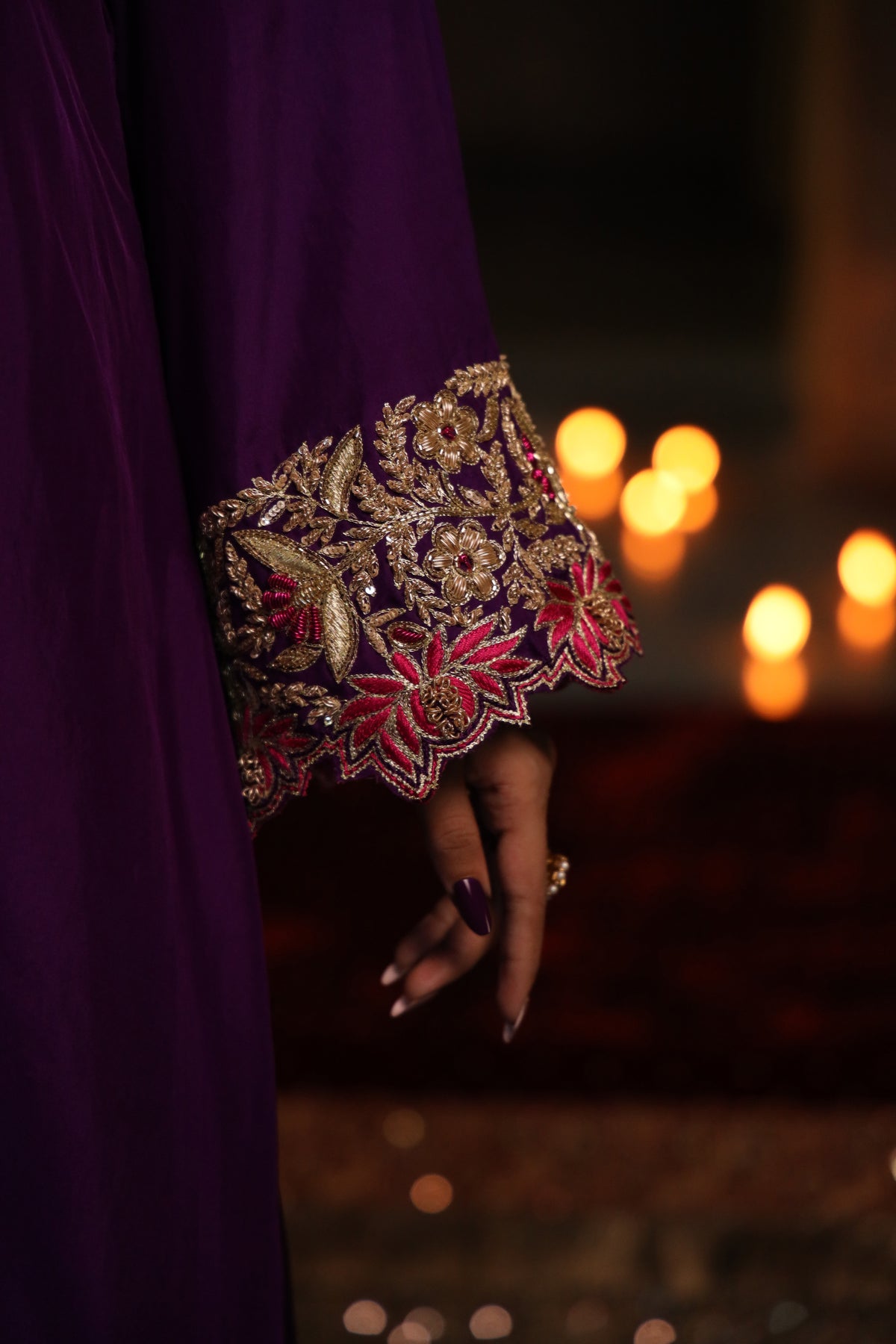 Fuschia Pink Pure Georgette Mukaish Chaddar with Purple Silk Hand Embroidered Kurta Set