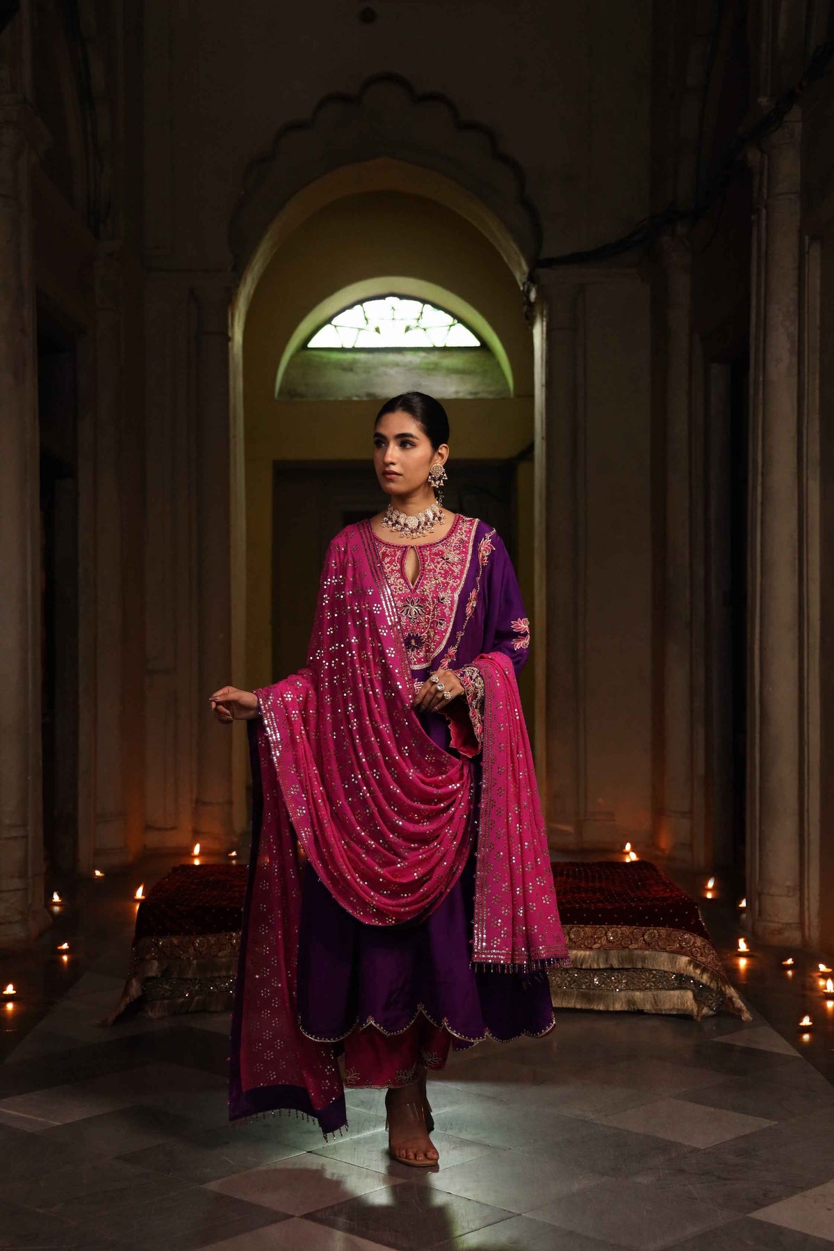 Fuschia Pink Pure Georgette Mukaish Chaddar with Purple Silk Hand Embroidered Kurta Set