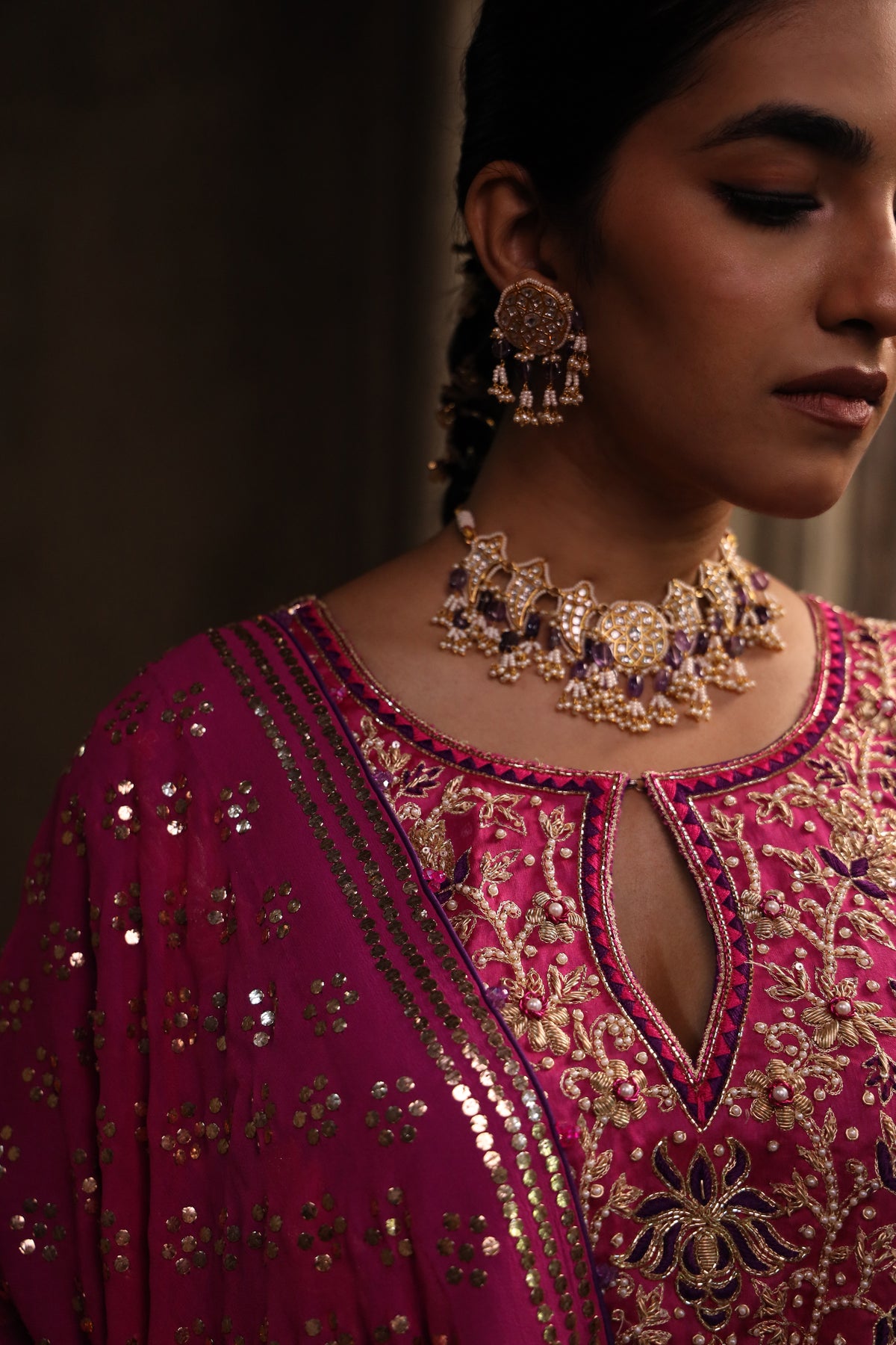 Fuschia Pink Pure Georgette Mukaish Chaddar with Purple Silk Hand Embroidered Kurta Set
