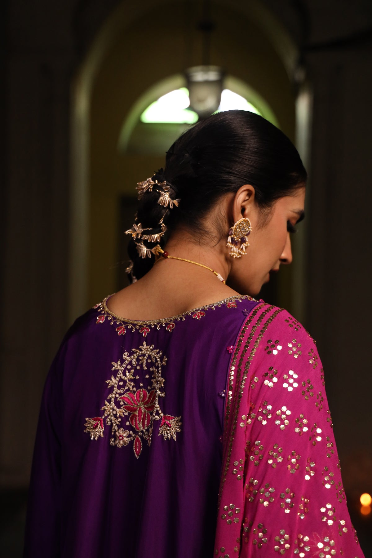 Fuschia Pink Pure Georgette Mukaish Chaddar with Purple Silk Hand Embroidered Kurta Set