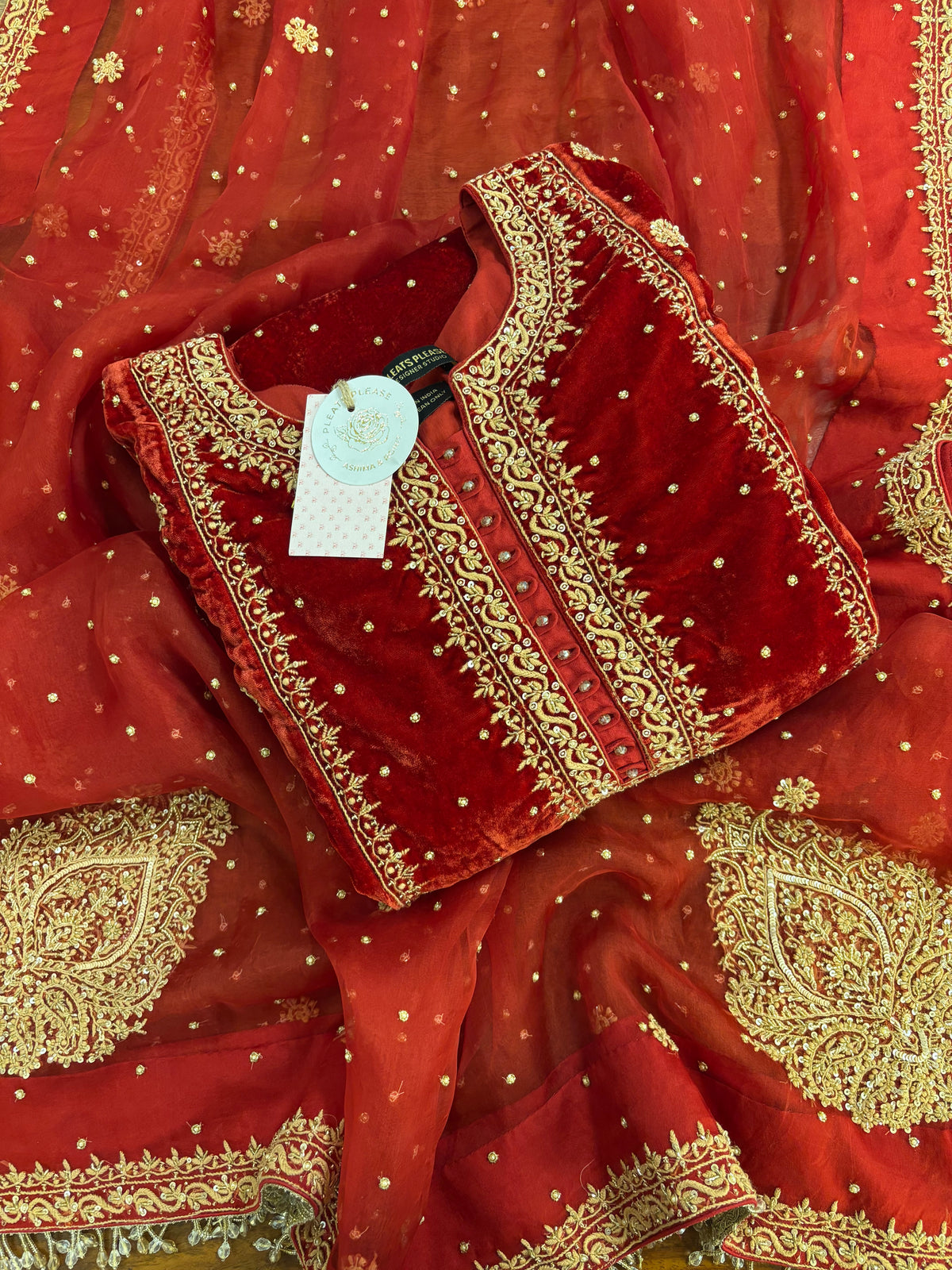 Red Velvet Chikankari Kurta & Organza Dupatta