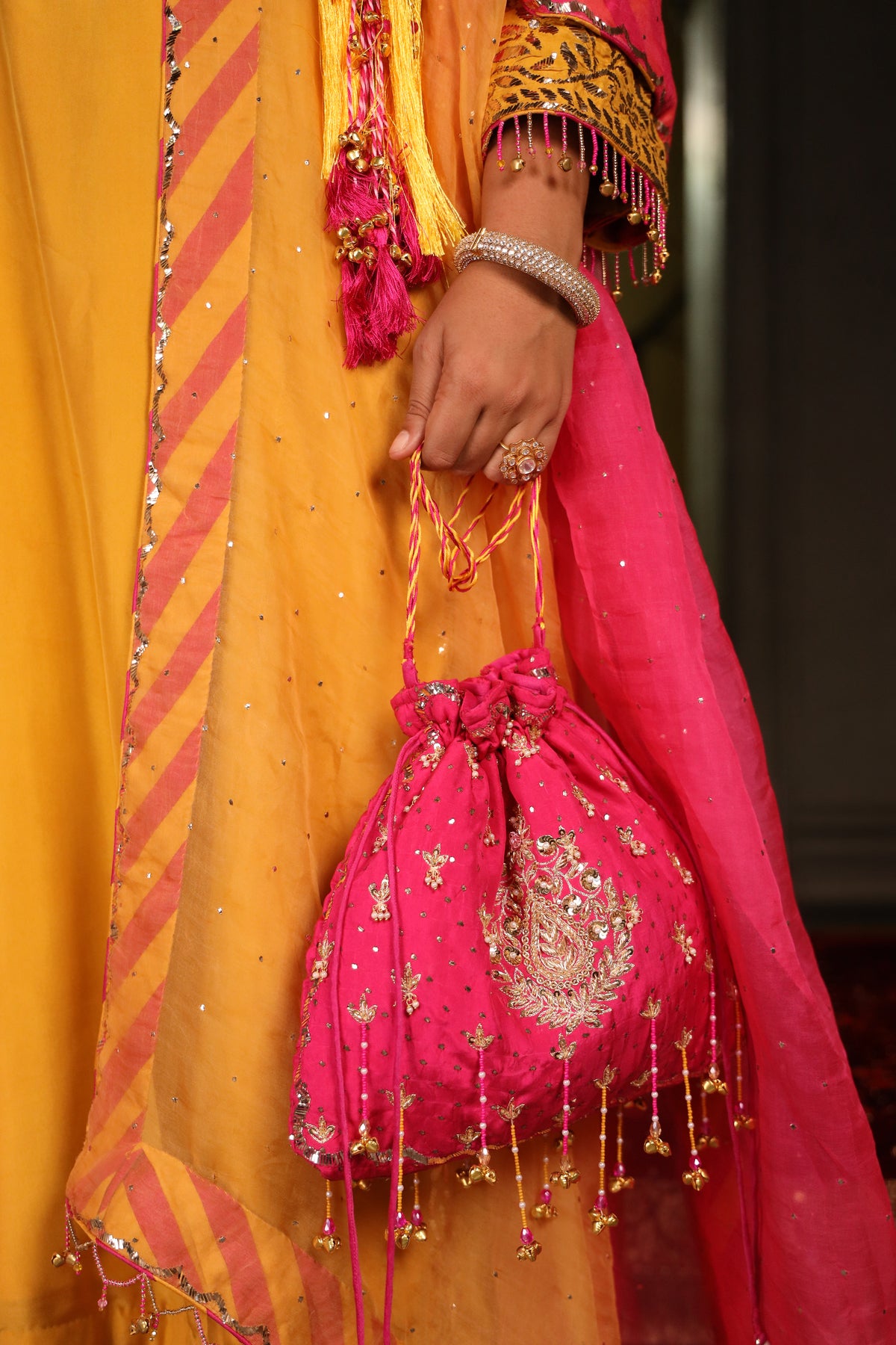 Mustard Pure Silk Mukaish Set With Organza Dupatta