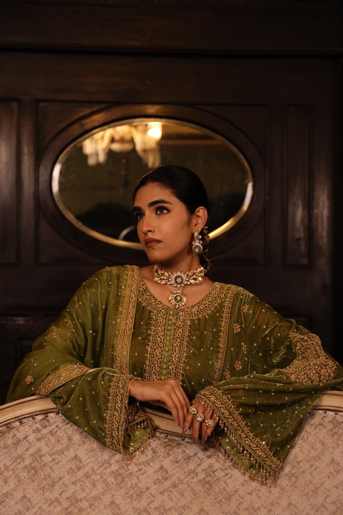 Green Pure & Premium Velvet Chikankari Kurta set