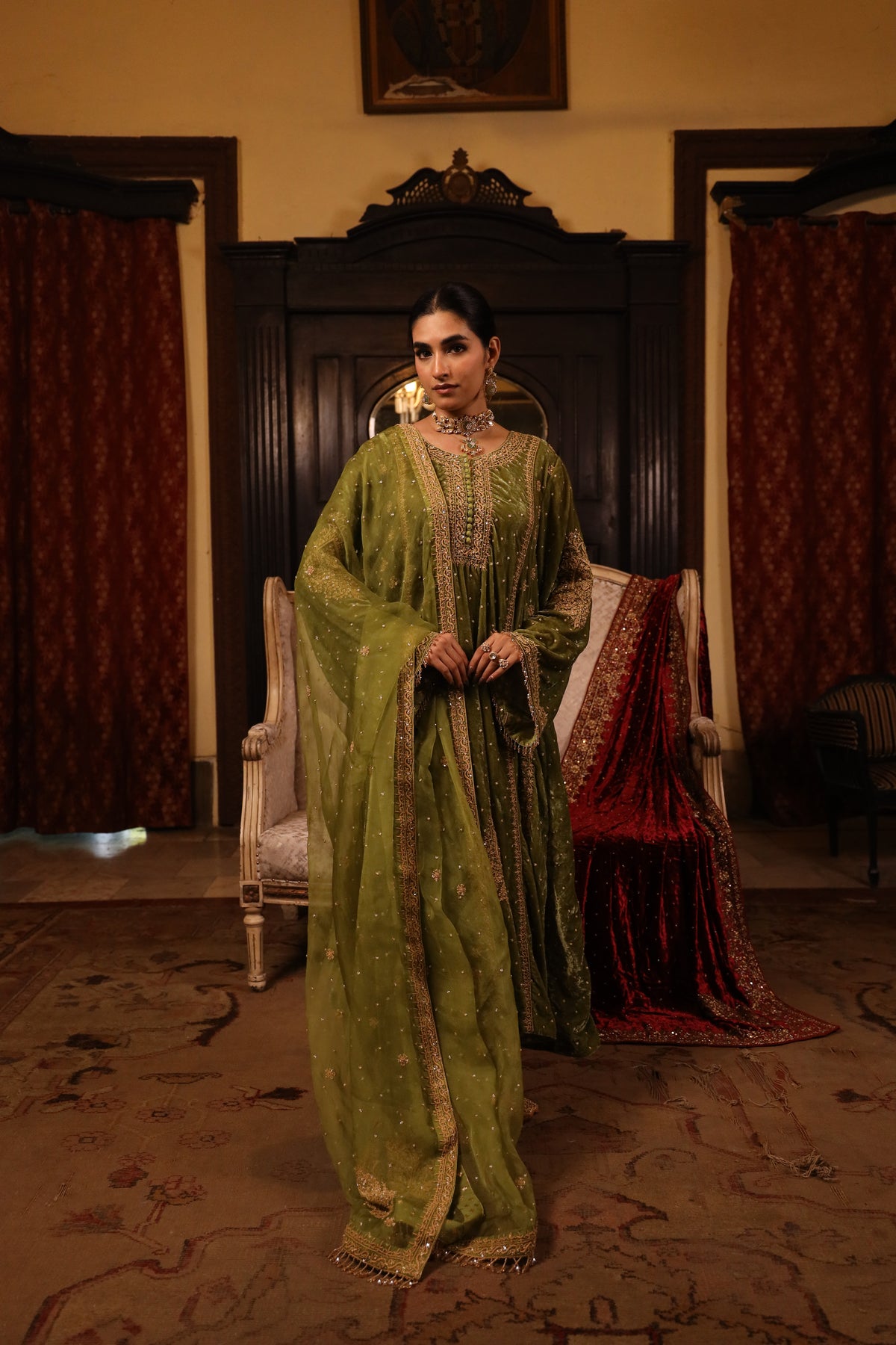 Green Pure & Premium Velvet Chikankari Kurta set