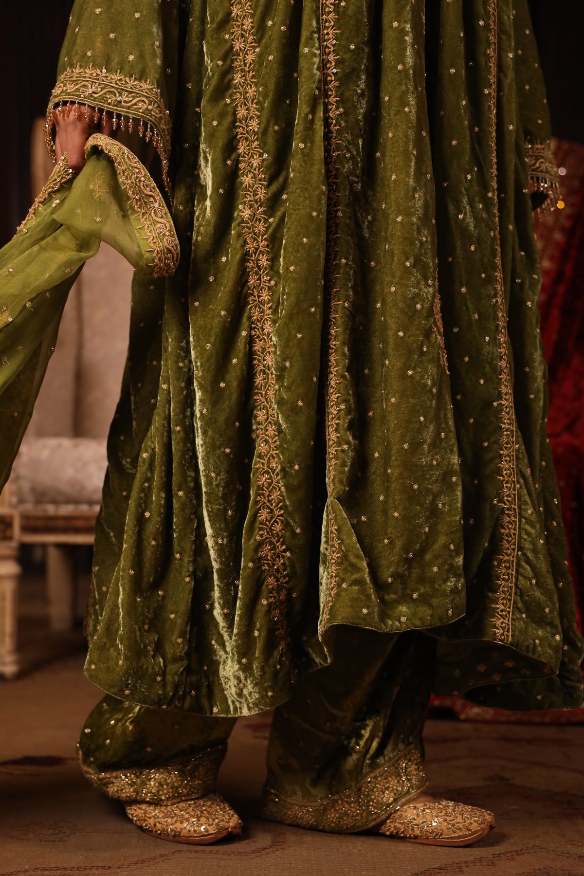 Green Pure & Premium Velvet Chikankari Kurta set