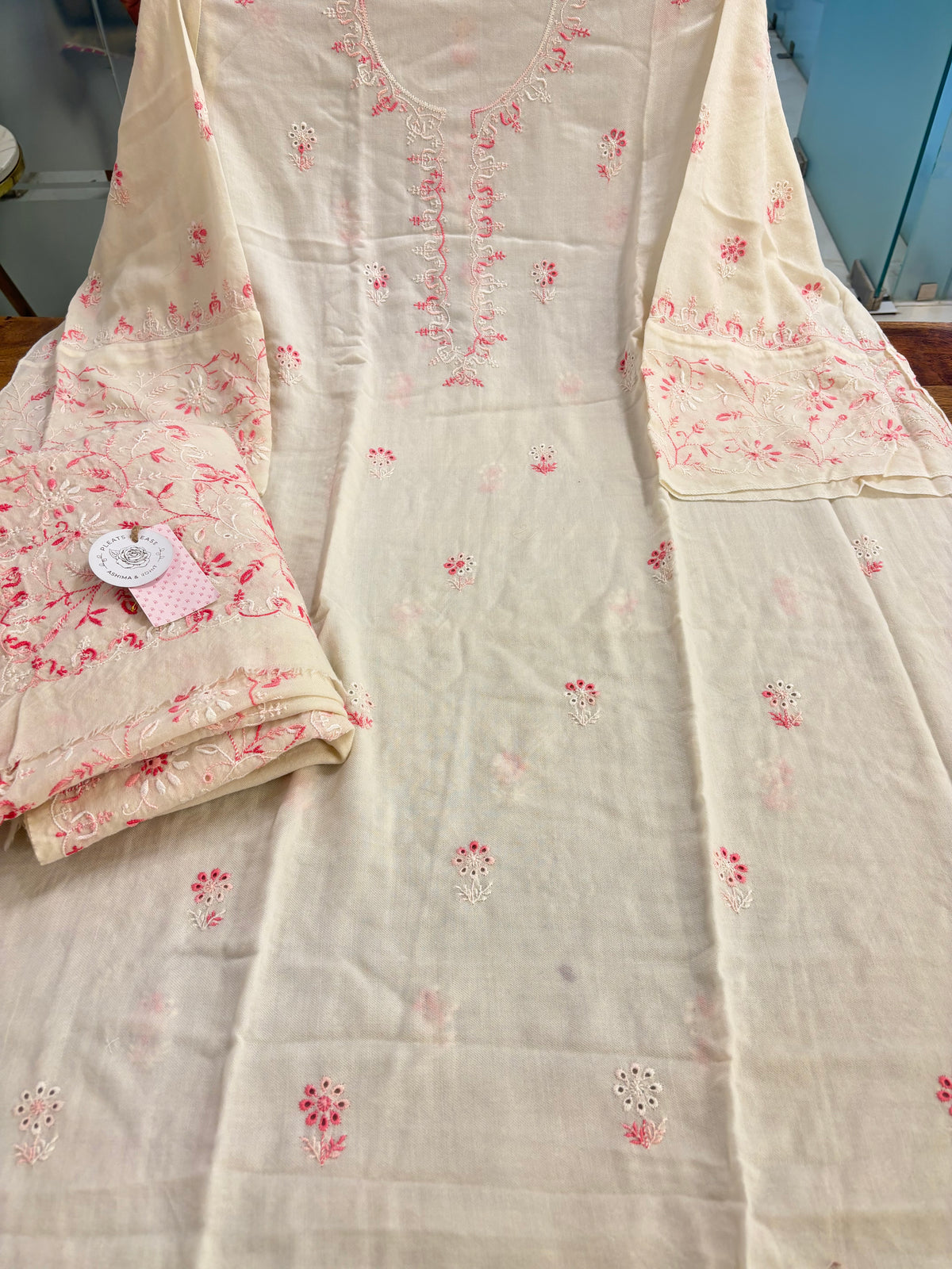 Ivory Pashmina Winter Fine Chikankari Kurta & Shawl