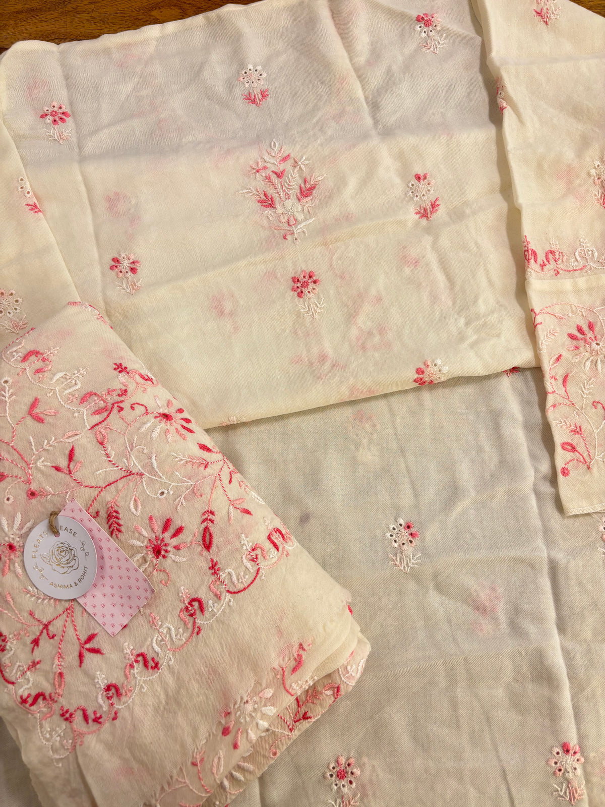 Ivory Pashmina Winter Fine Chikankari Kurta & Shawl