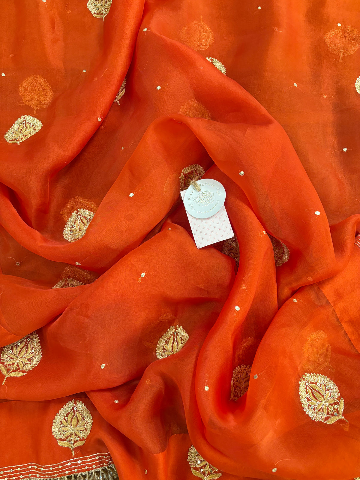 Burnt Orange Monga Silk Chikankari Kurta, Bottom & Organza Dupatta
