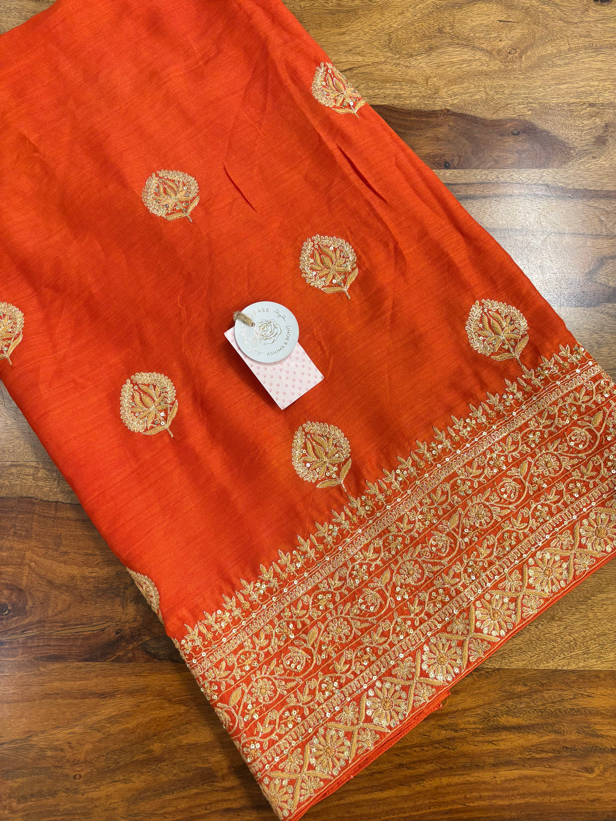 Burnt Orange Monga Silk Chikankari Kurta, Bottom & Organza Dupatta