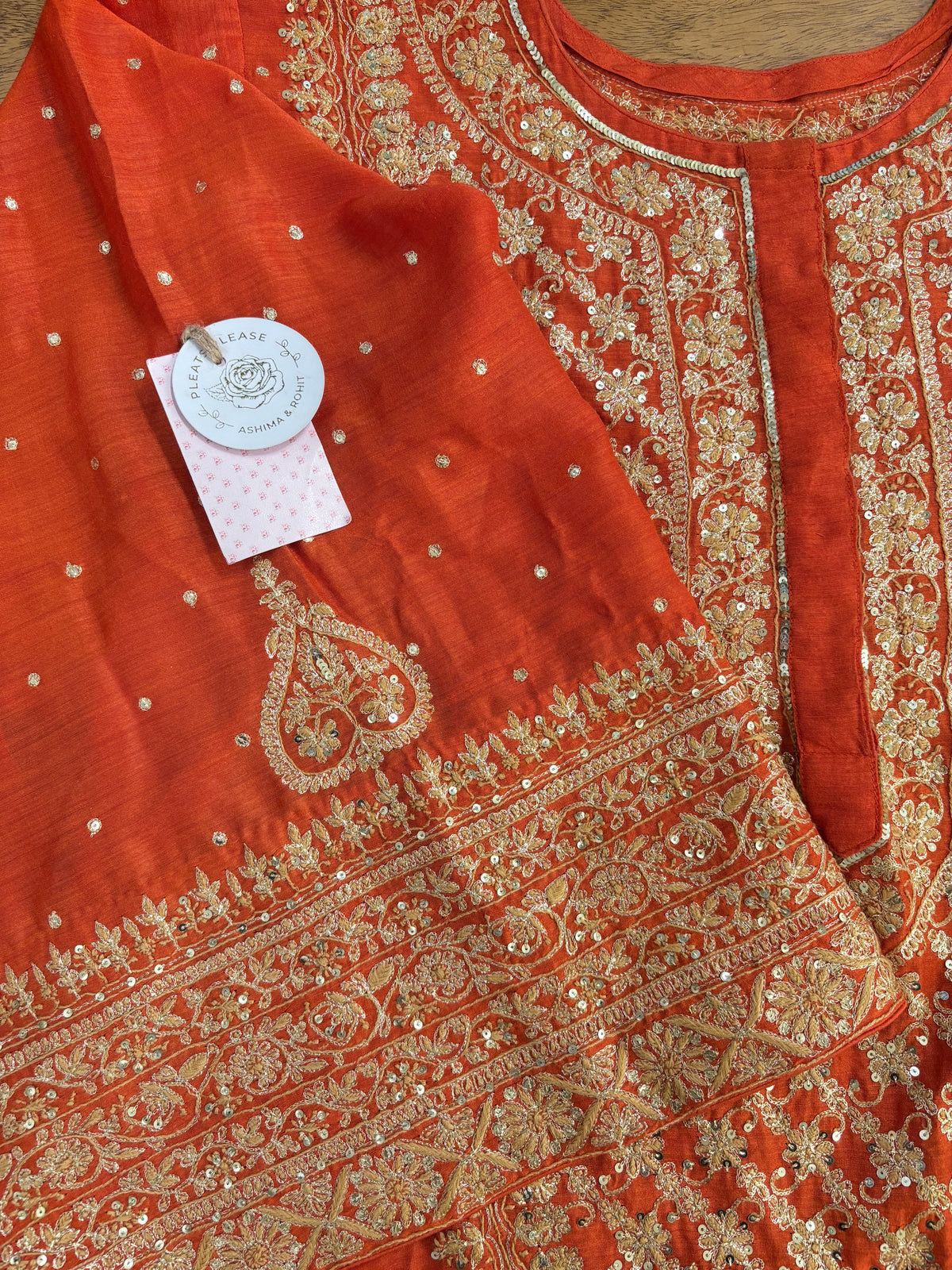 Burnt Orange Monga Silk Chikankari Kurta, Bottom & Organza Dupatta