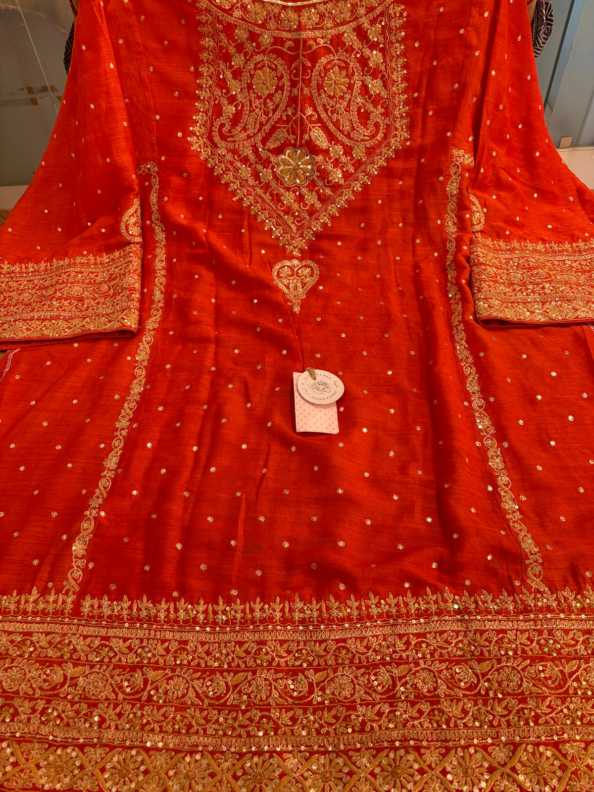 Burnt Orange Monga Silk Chikankari Kurta, Bottom & Organza Dupatta