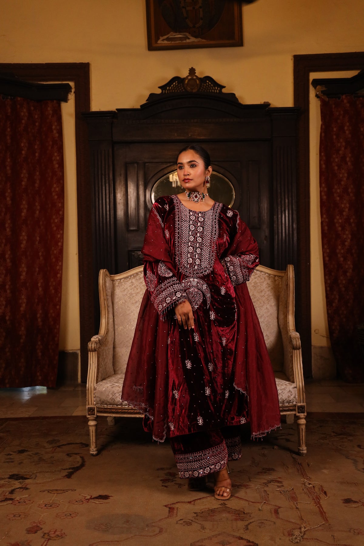 Wine Pure & Premium Velvet Chikankari Kurta Set