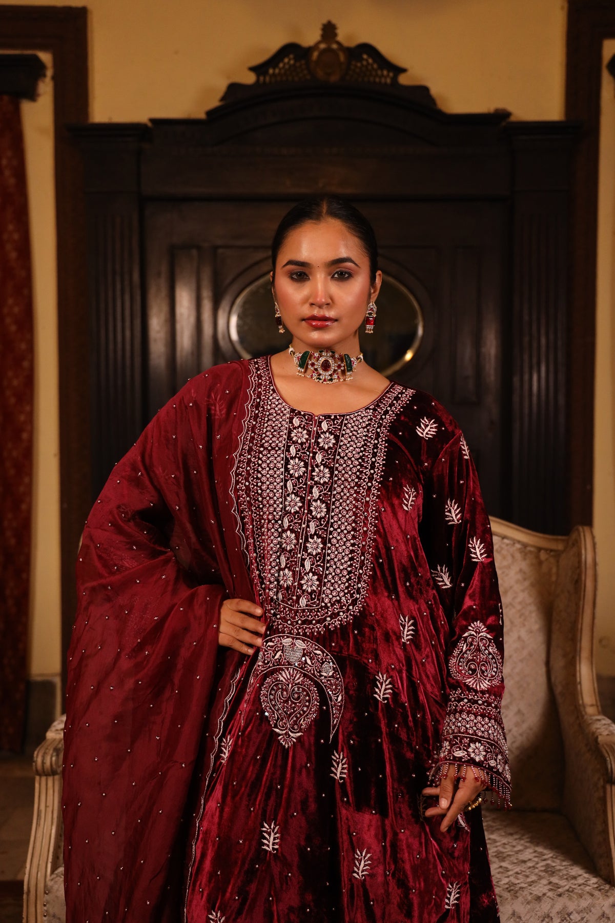 Wine Pure & Premium Velvet Chikankari Kurta Set
