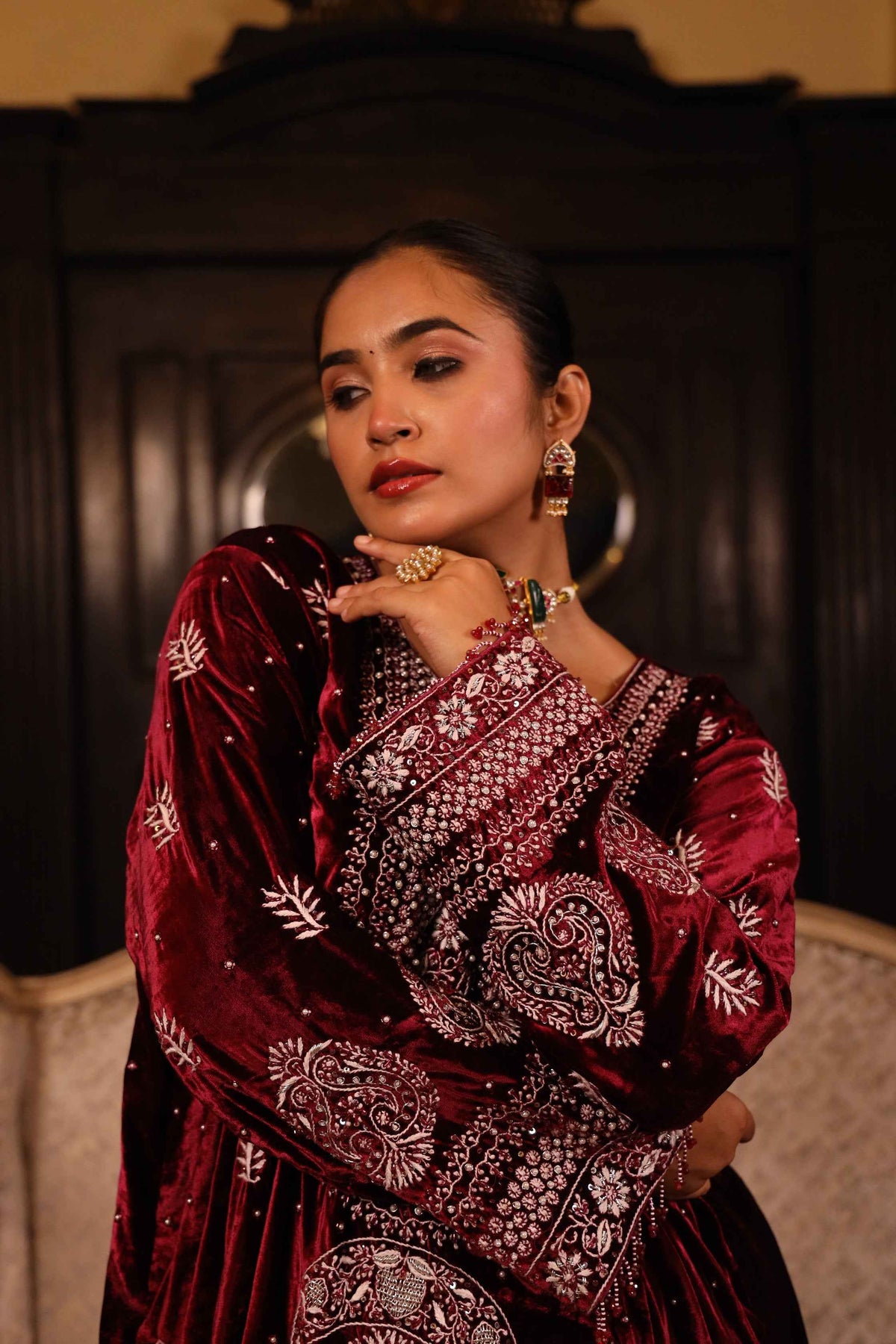 Wine Pure & Premium Velvet Chikankari Kurta Set