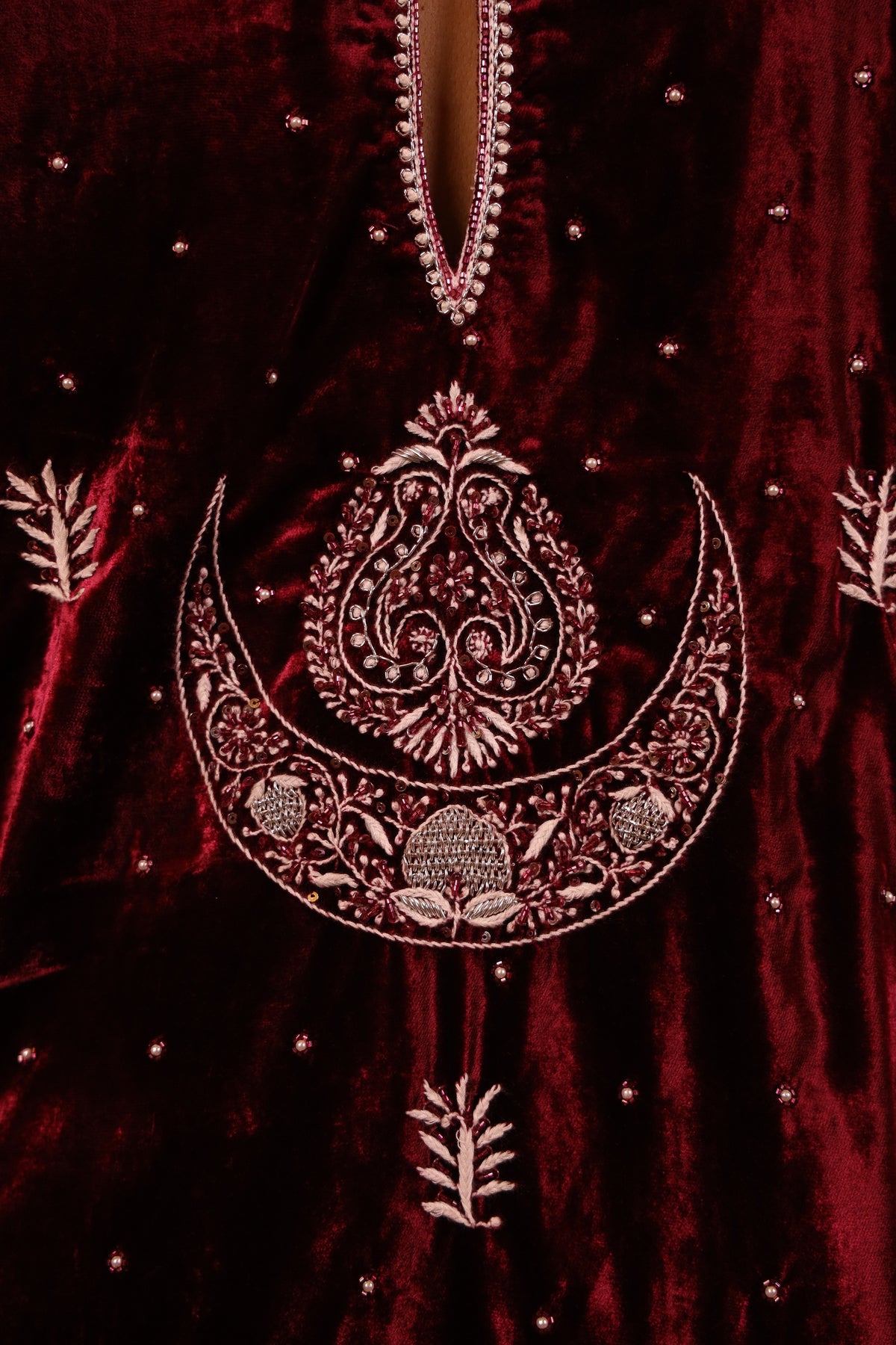 Wine Pure & Premium Velvet Chikankari Kurta Set