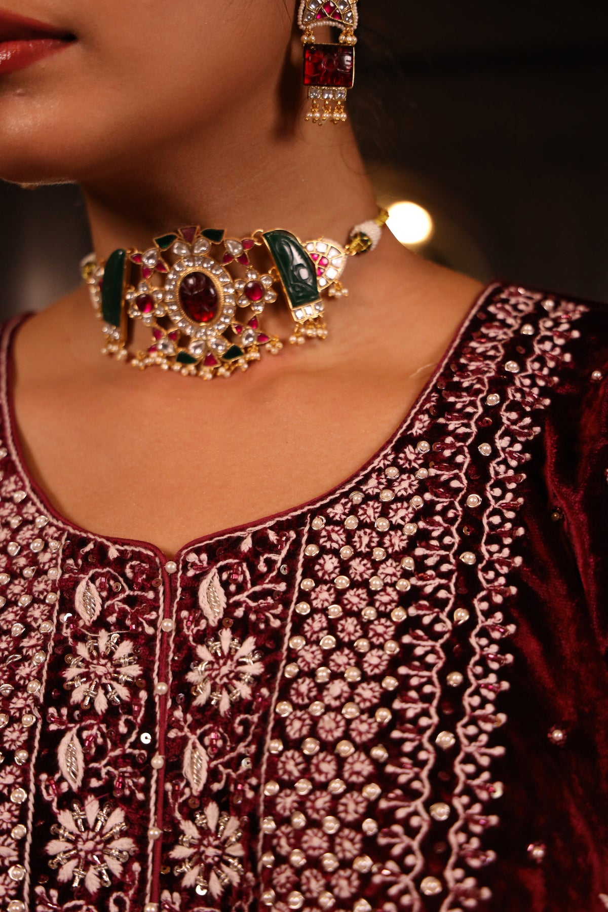 Wine Pure & Premium Velvet Chikankari Kurta Set