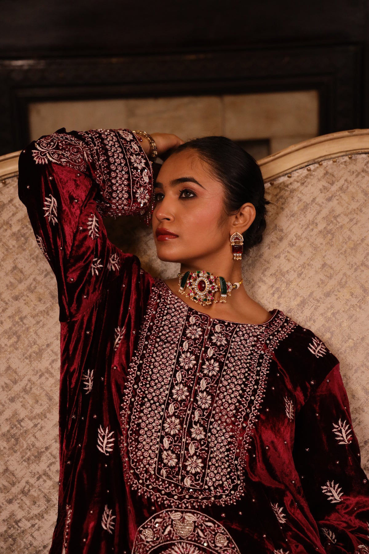 Wine Pure & Premium Velvet Chikankari Kurta Set