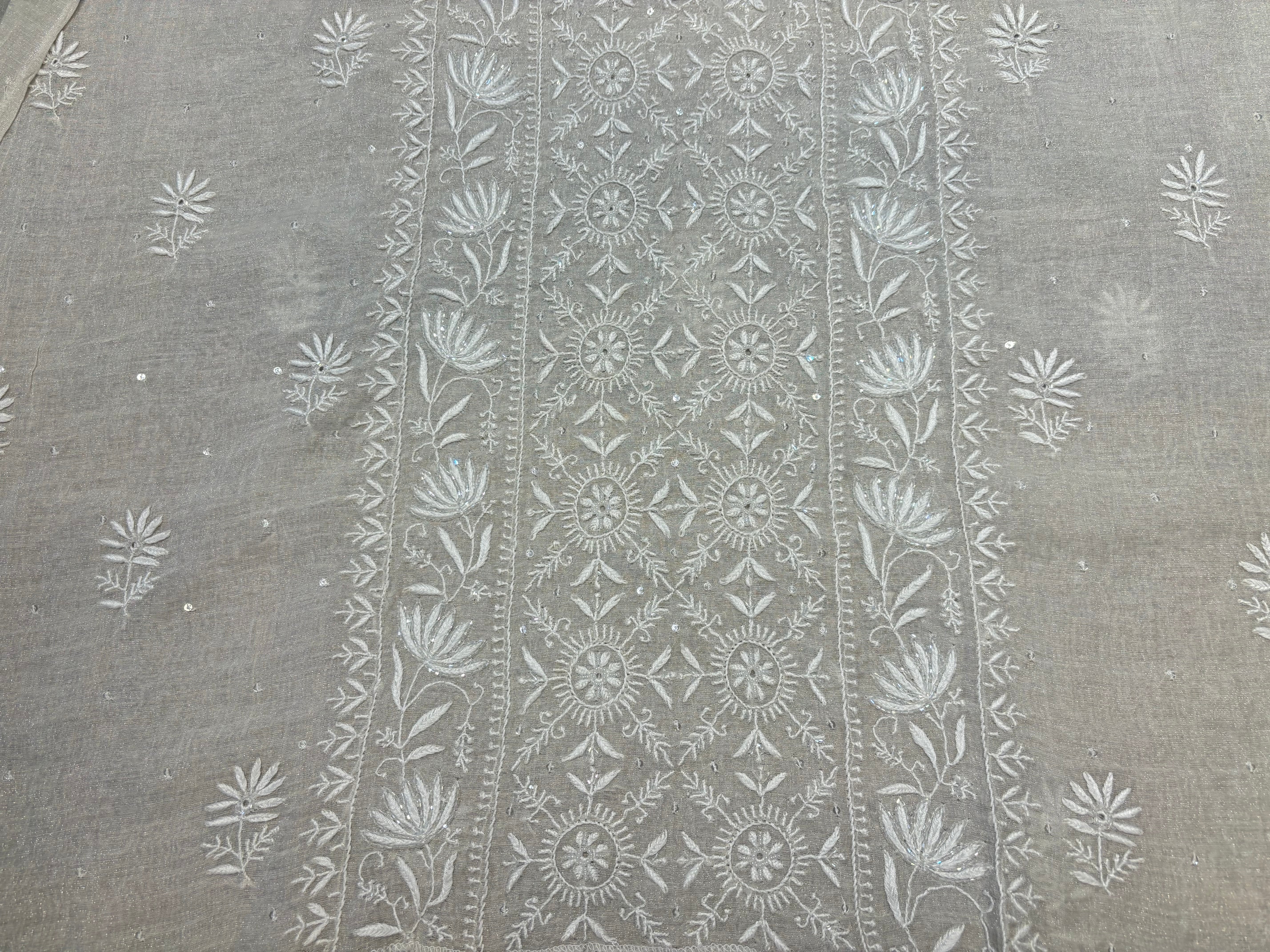 Dyeable Silver Pure Tissue Chikankari Kurta and Dupatta