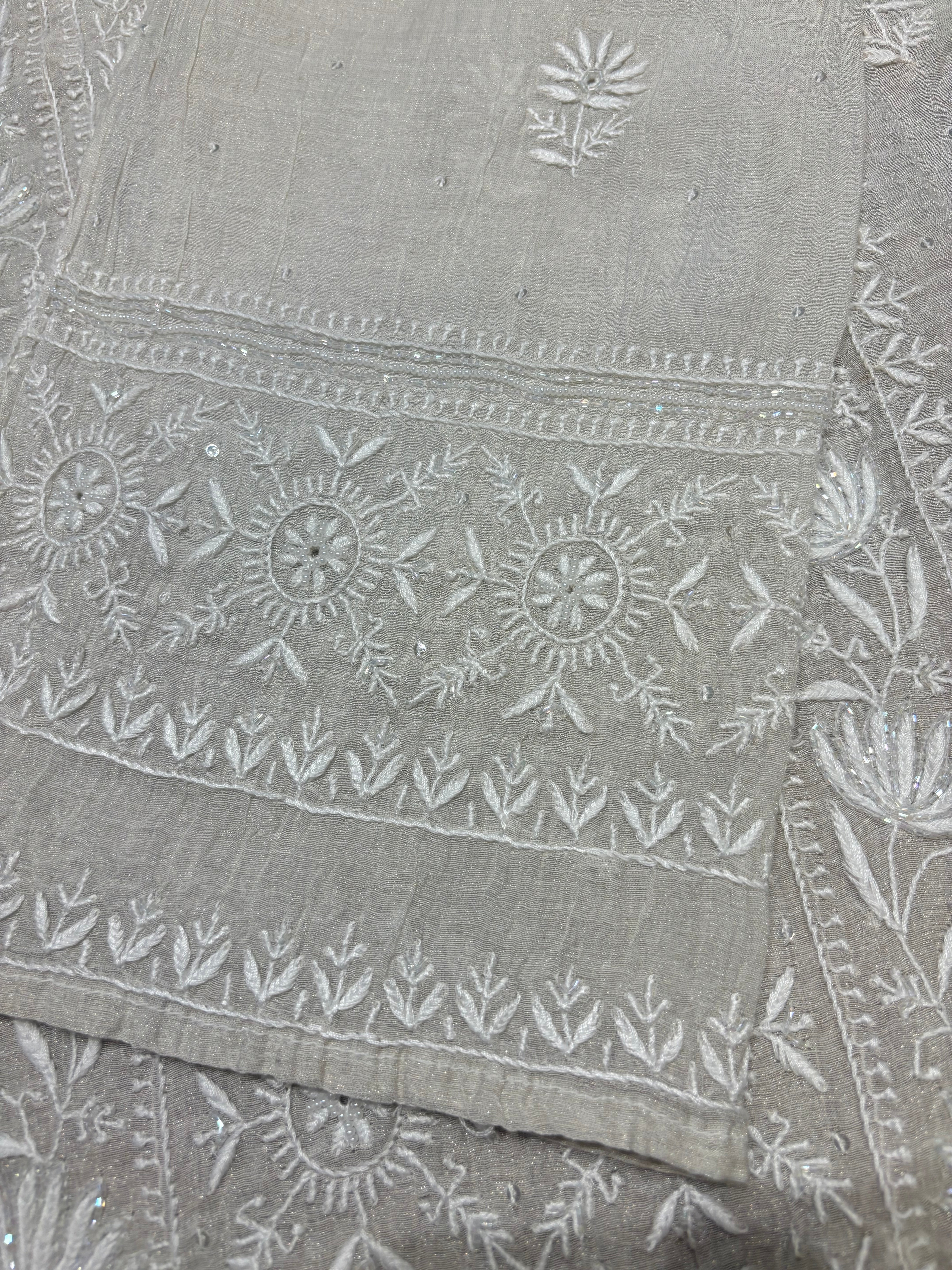 Dyeable Silver Pure Tissue Chikankari Kurta and Dupatta