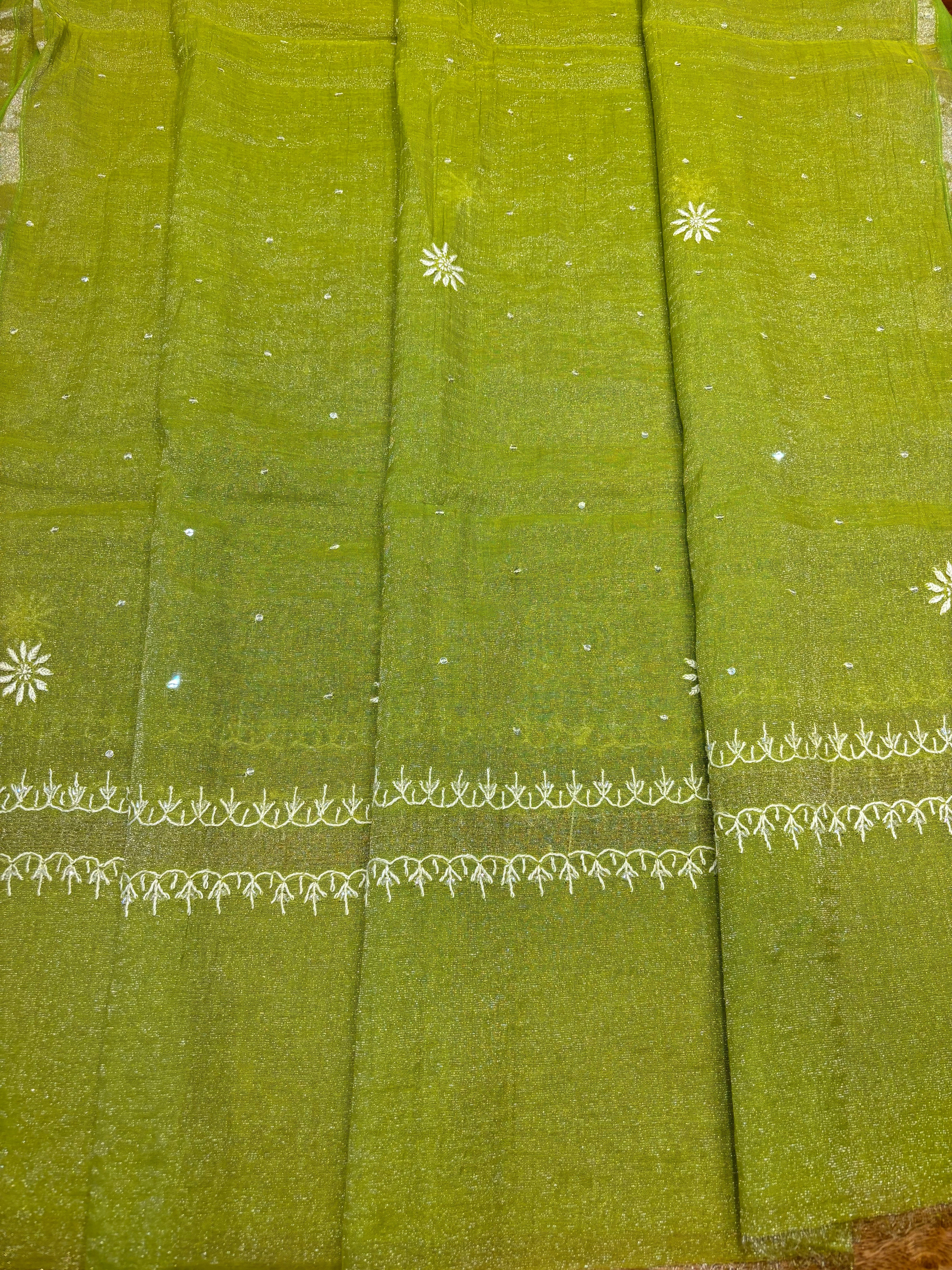 Olive Green Pure Tissue Chikankari Kurta and Dupatta
