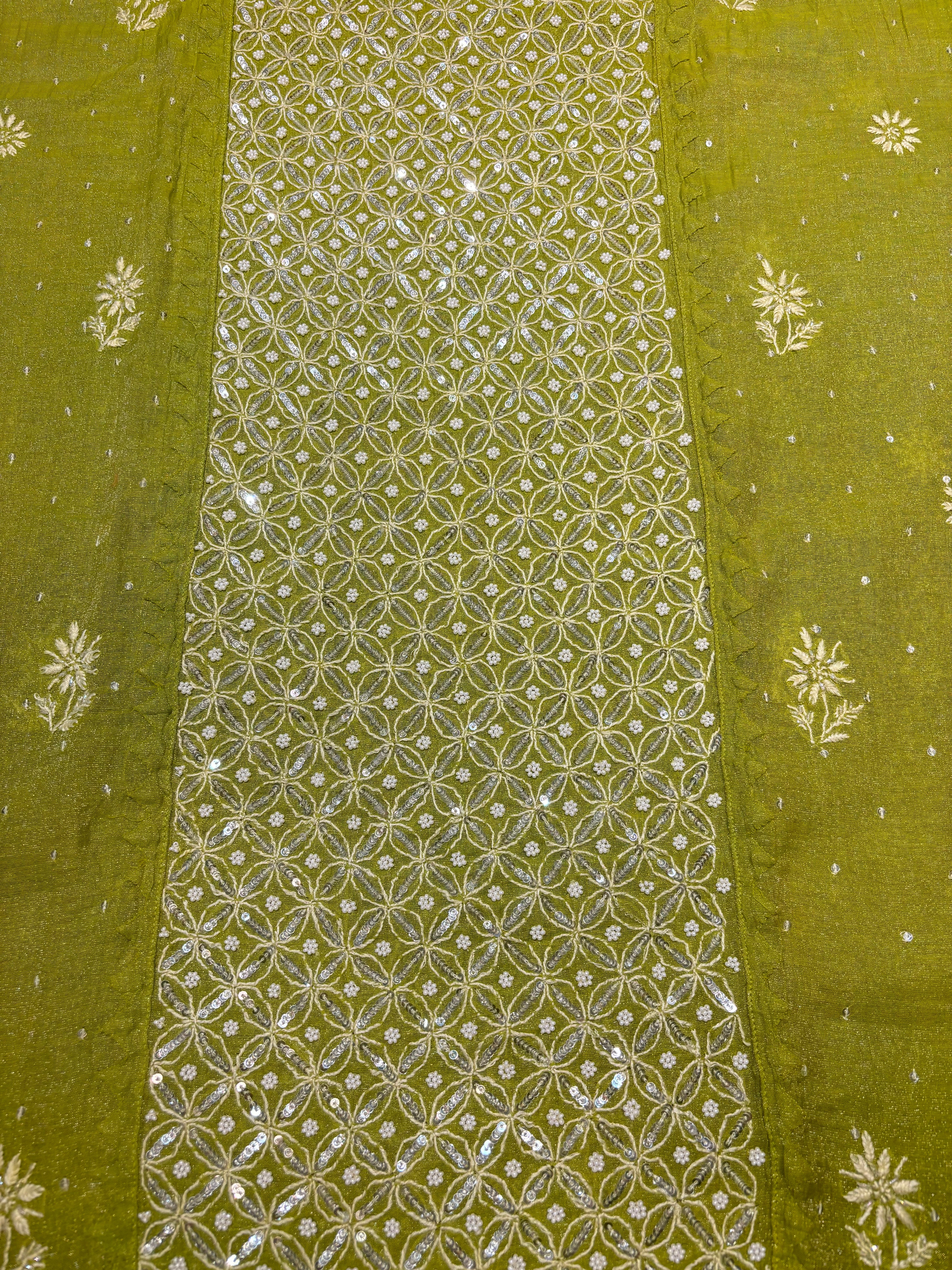 Olive Green Pure Tissue Chikankari Kurta and Dupatta