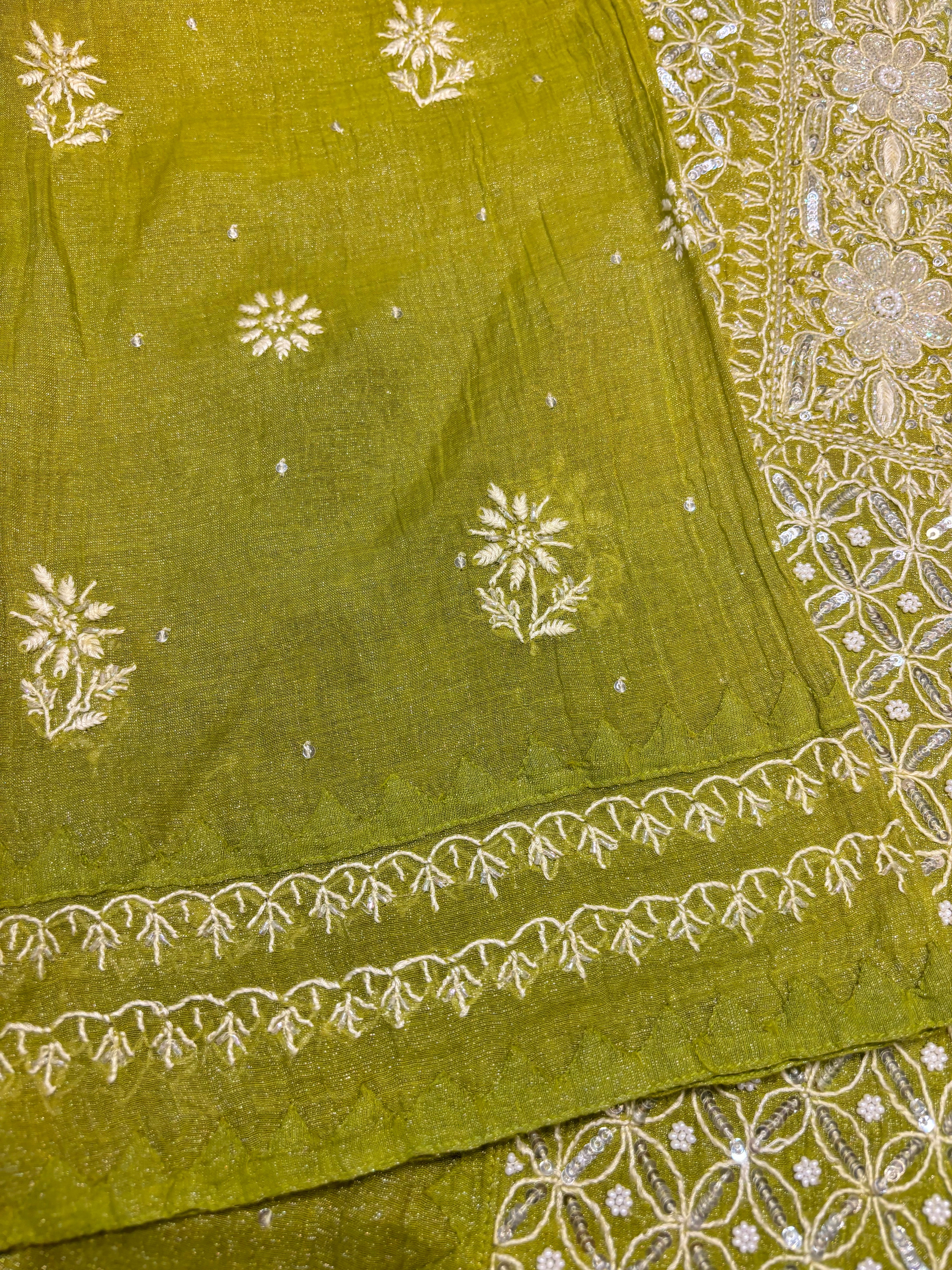 Olive Green Pure Tissue Chikankari Kurta and Dupatta