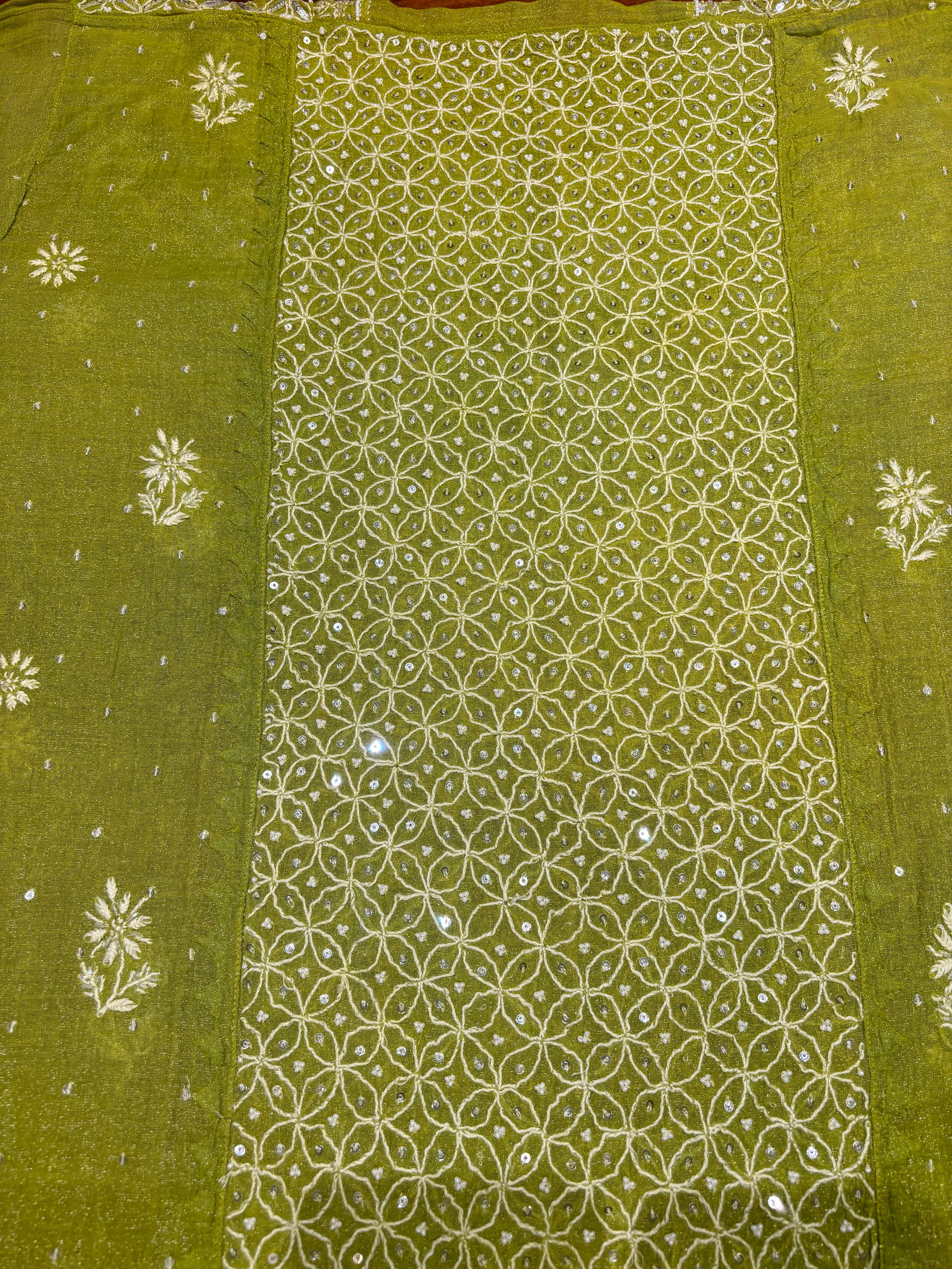 Olive Green Pure Tissue Chikankari Kurta and Dupatta