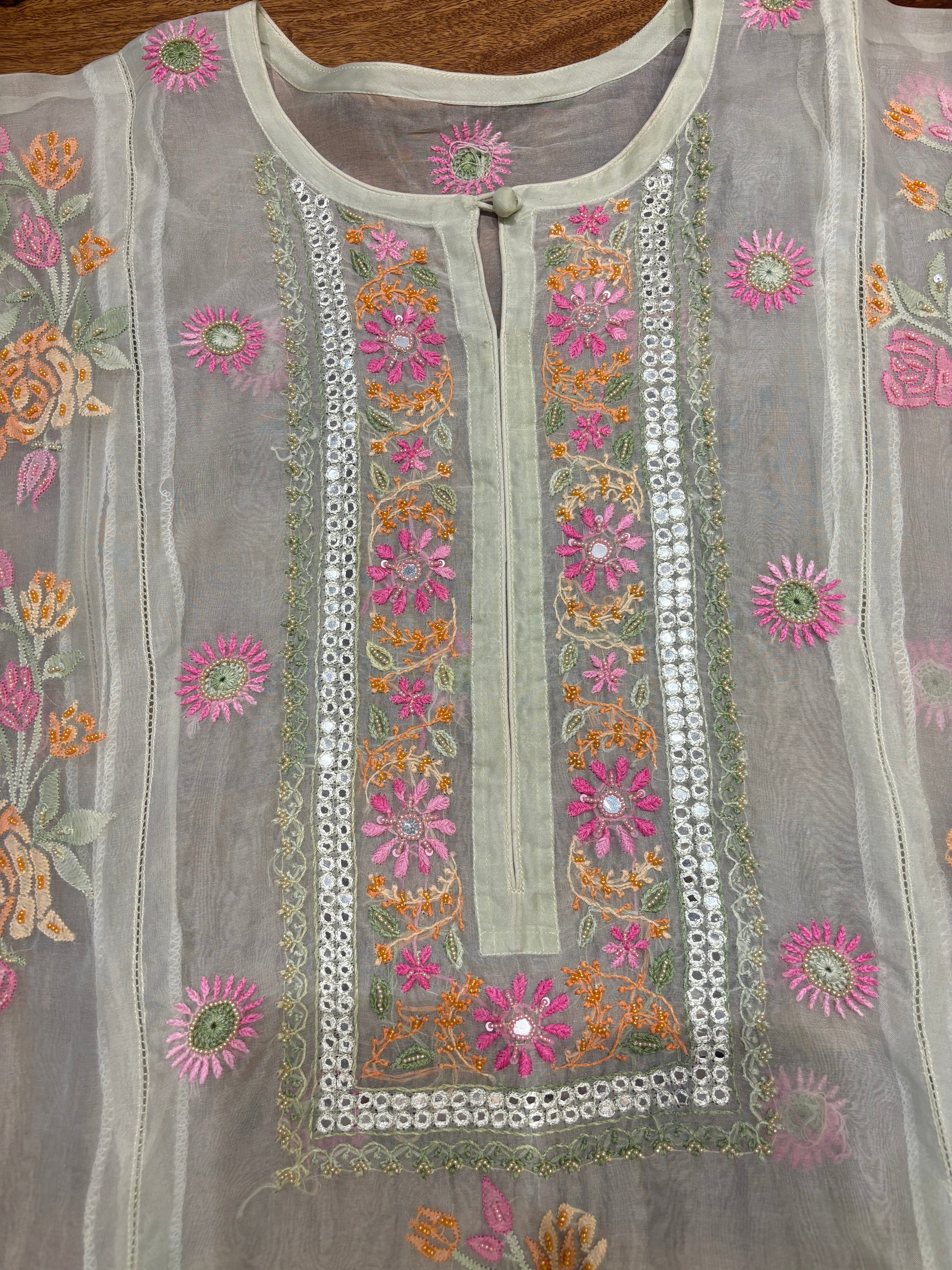 Sage Green Organza Silk Chikankari Kurta and Dupatta