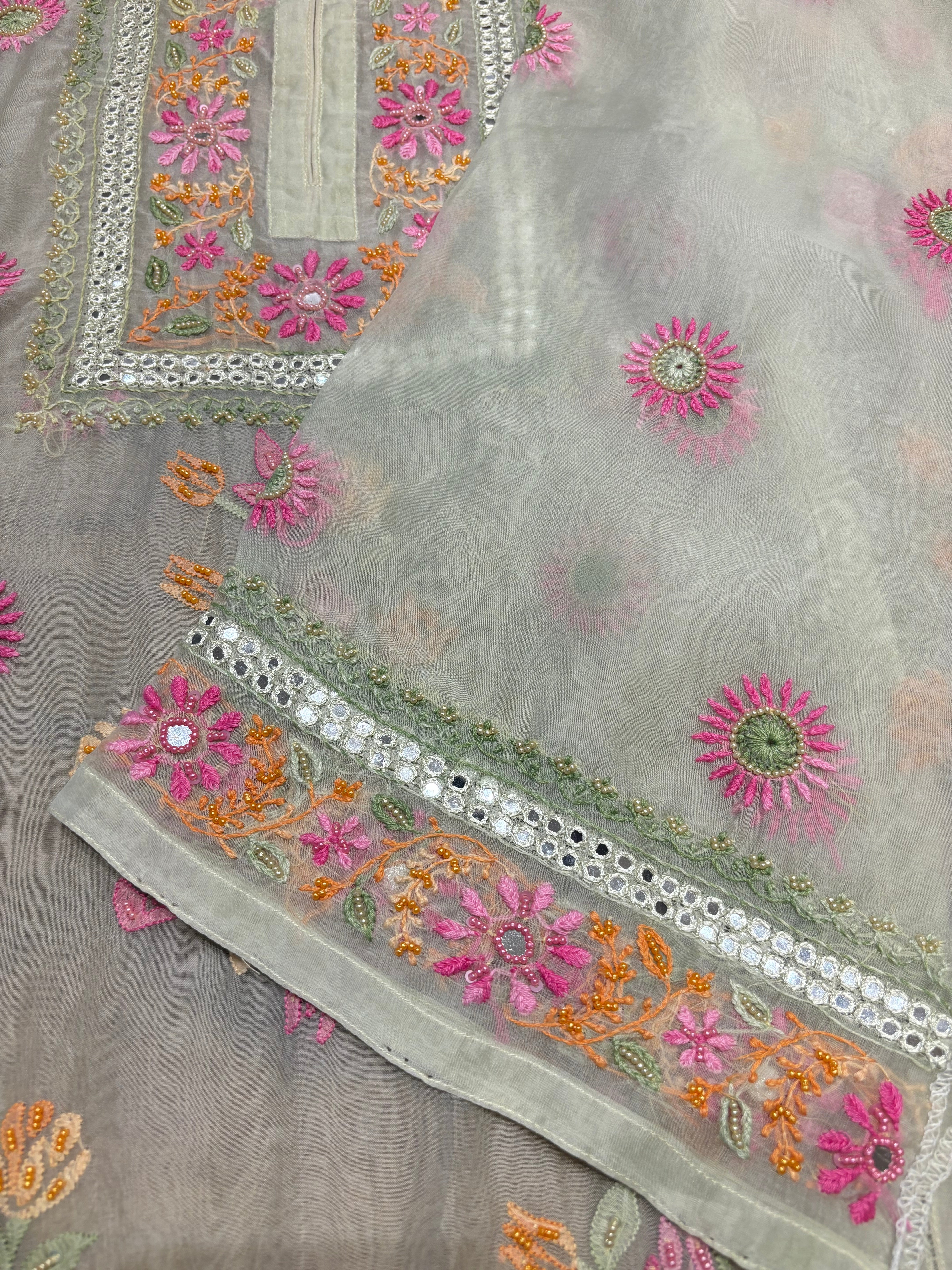 Sage Green Organza Silk Chikankari Kurta and Dupatta