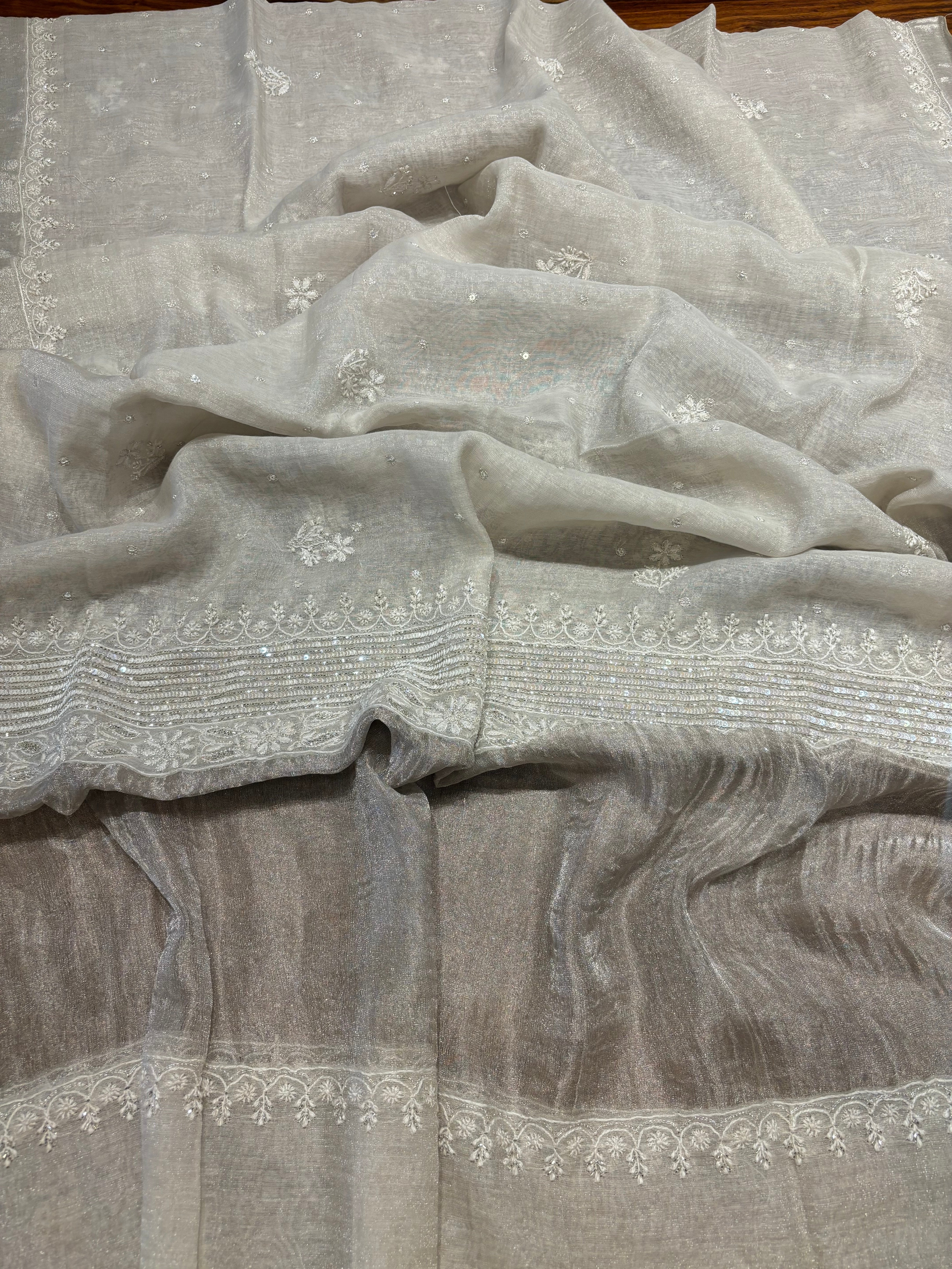 Dyeable Silver Pure Tissue Chikankari Anarkali and Dupatta