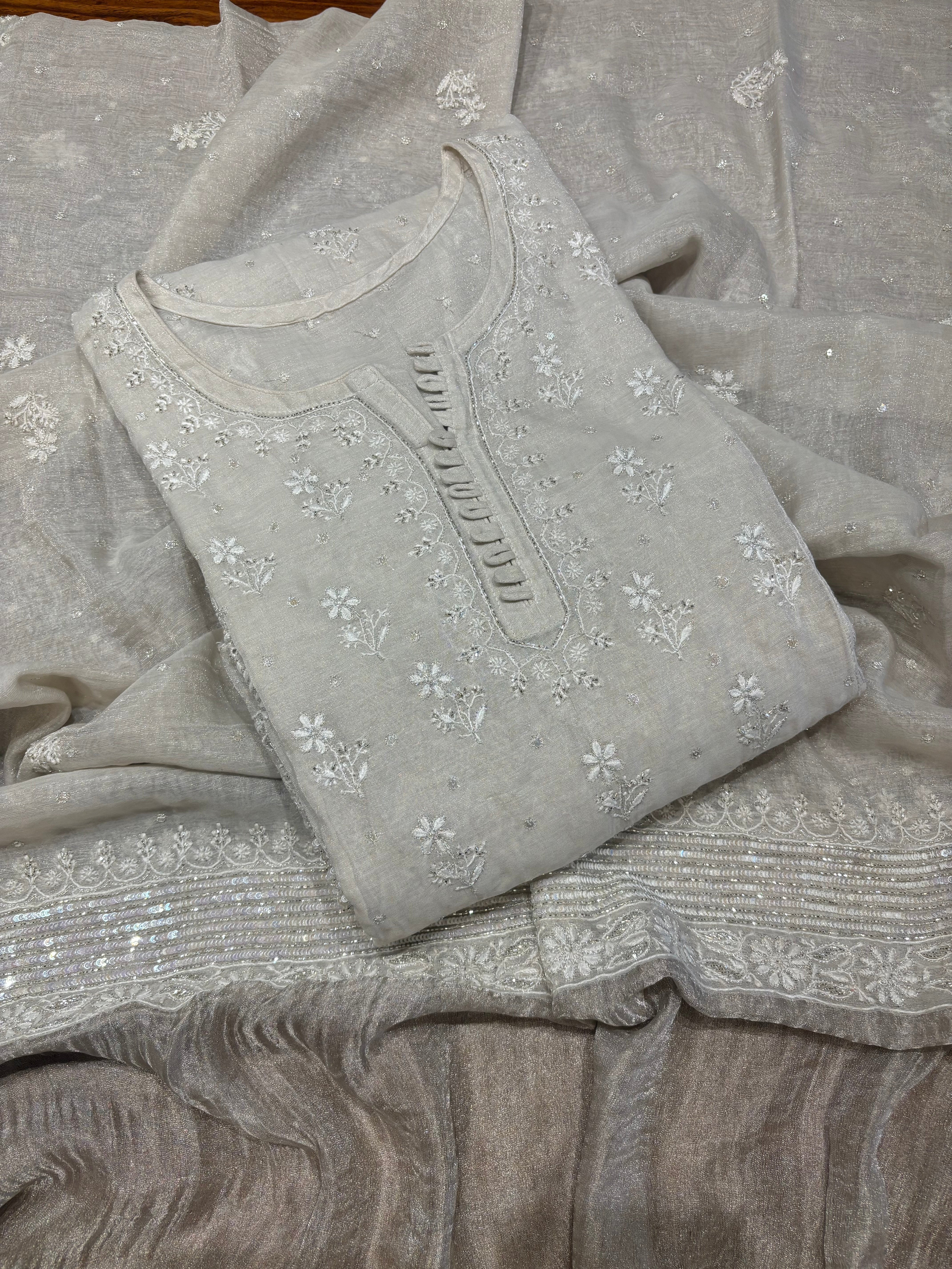 Dyeable Silver Pure Tissue Chikankari Anarkali and Dupatta