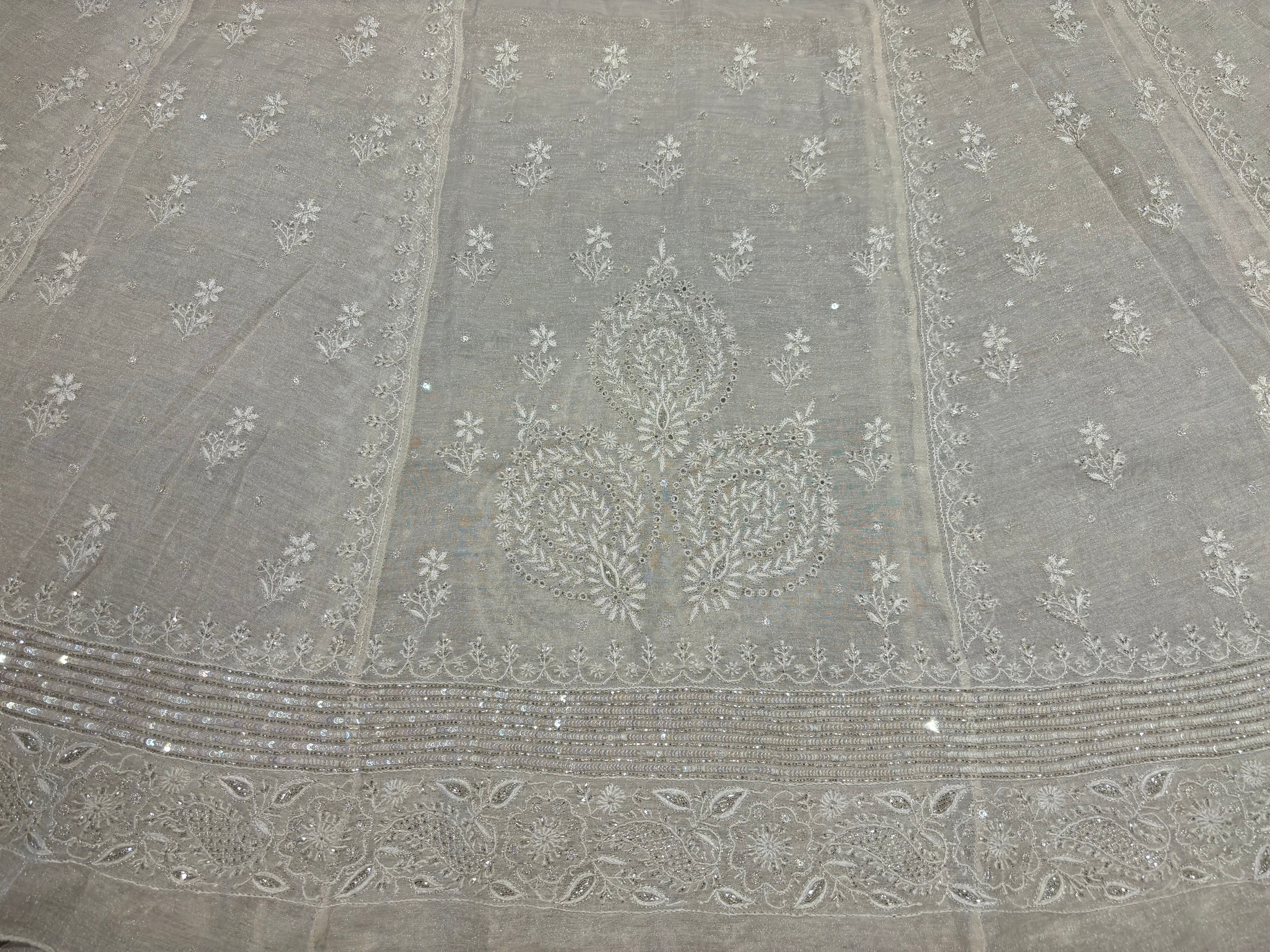 Dyeable Silver Pure Tissue Chikankari Anarkali and Dupatta