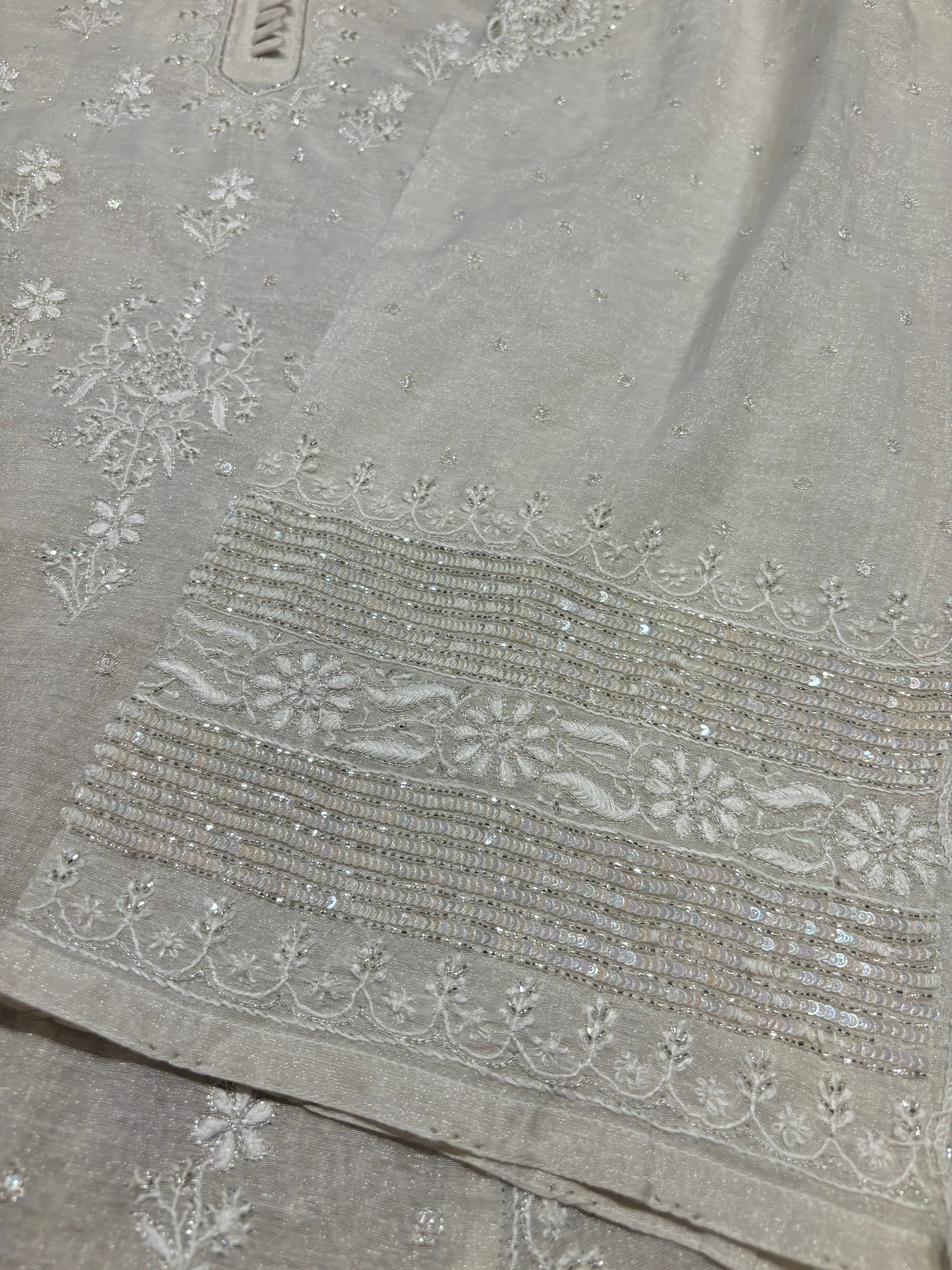 Dyeable Silver Pure Tissue Chikankari Anarkali and Dupatta