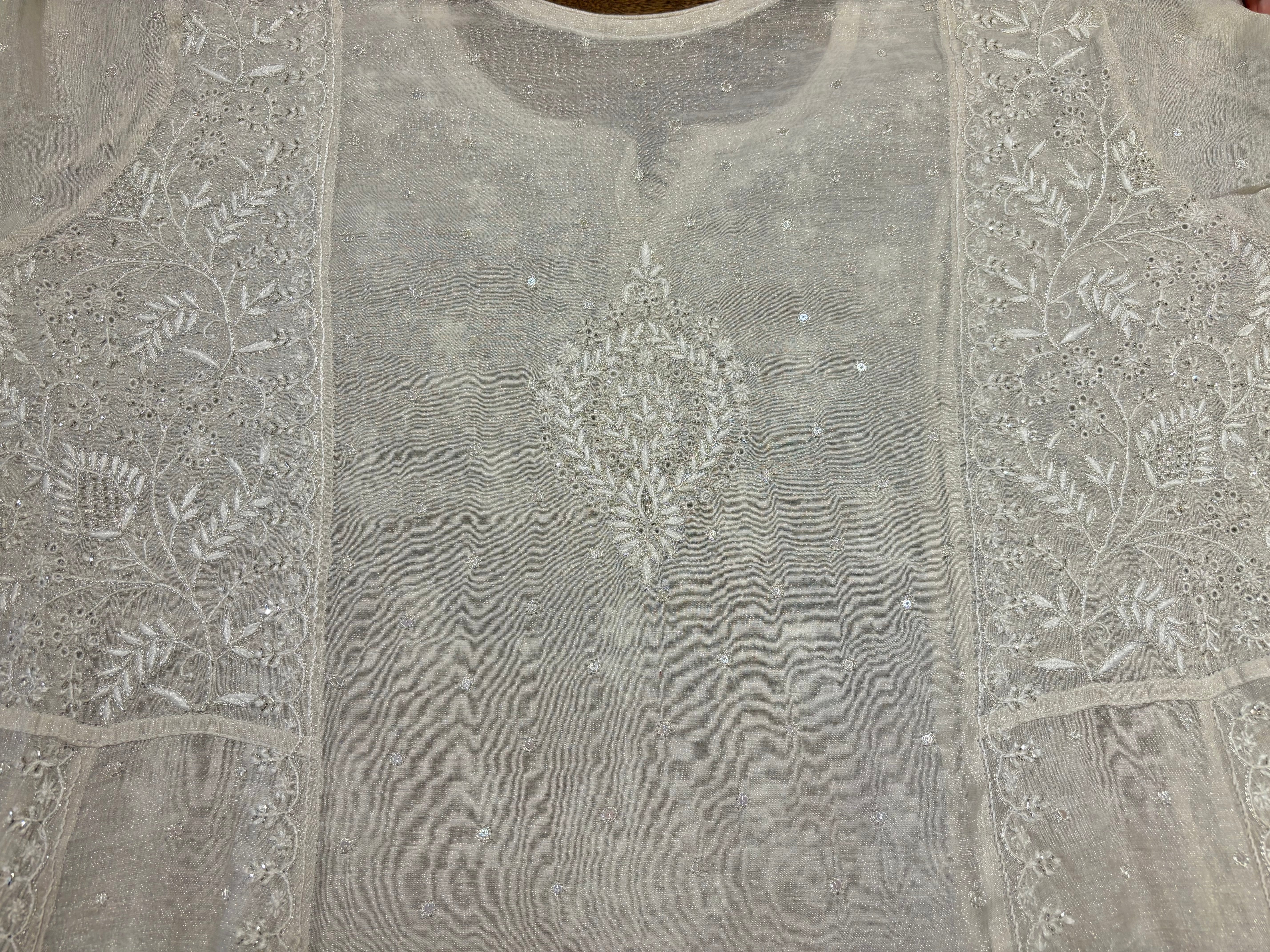 Dyeable Silver Pure Tissue Chikankari Anarkali and Dupatta
