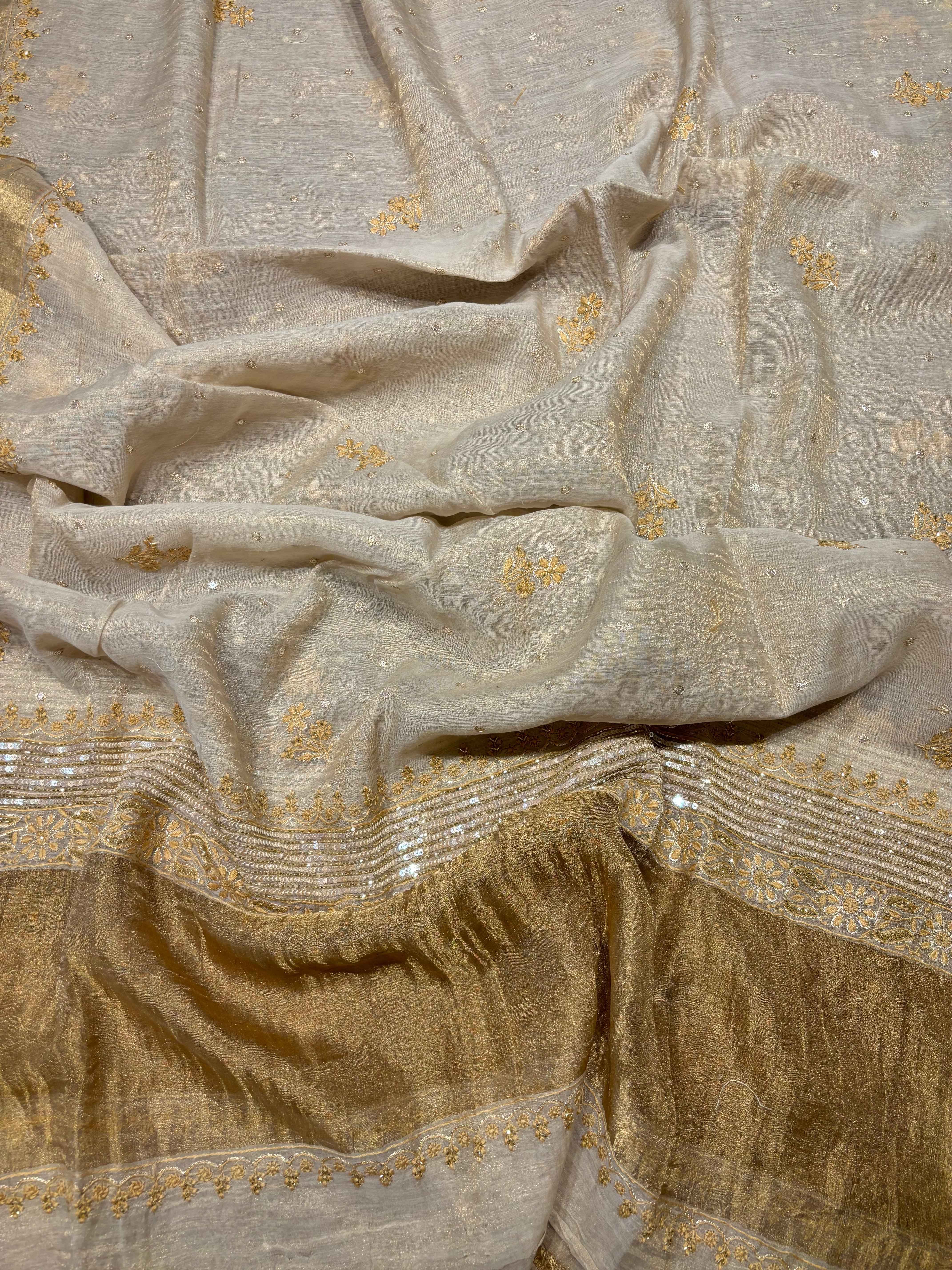 Dyeable Golden Pure Tissue Chikankari Anarkali and Dupatta - Pleats PleaseChikankari
