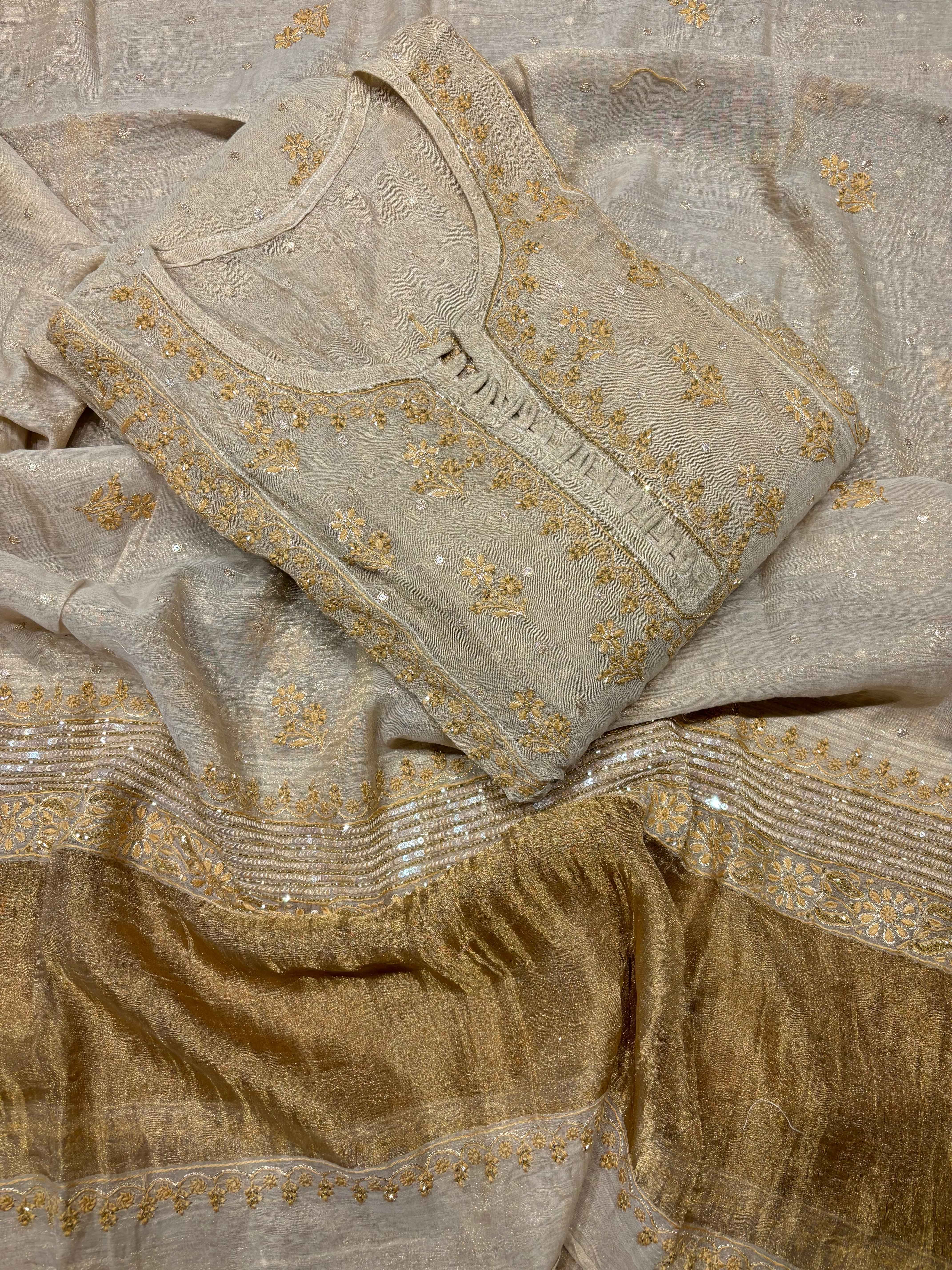 Dyeable Golden Pure Tissue Chikankari Anarkali and Dupatta - Pleats PleaseChikankari