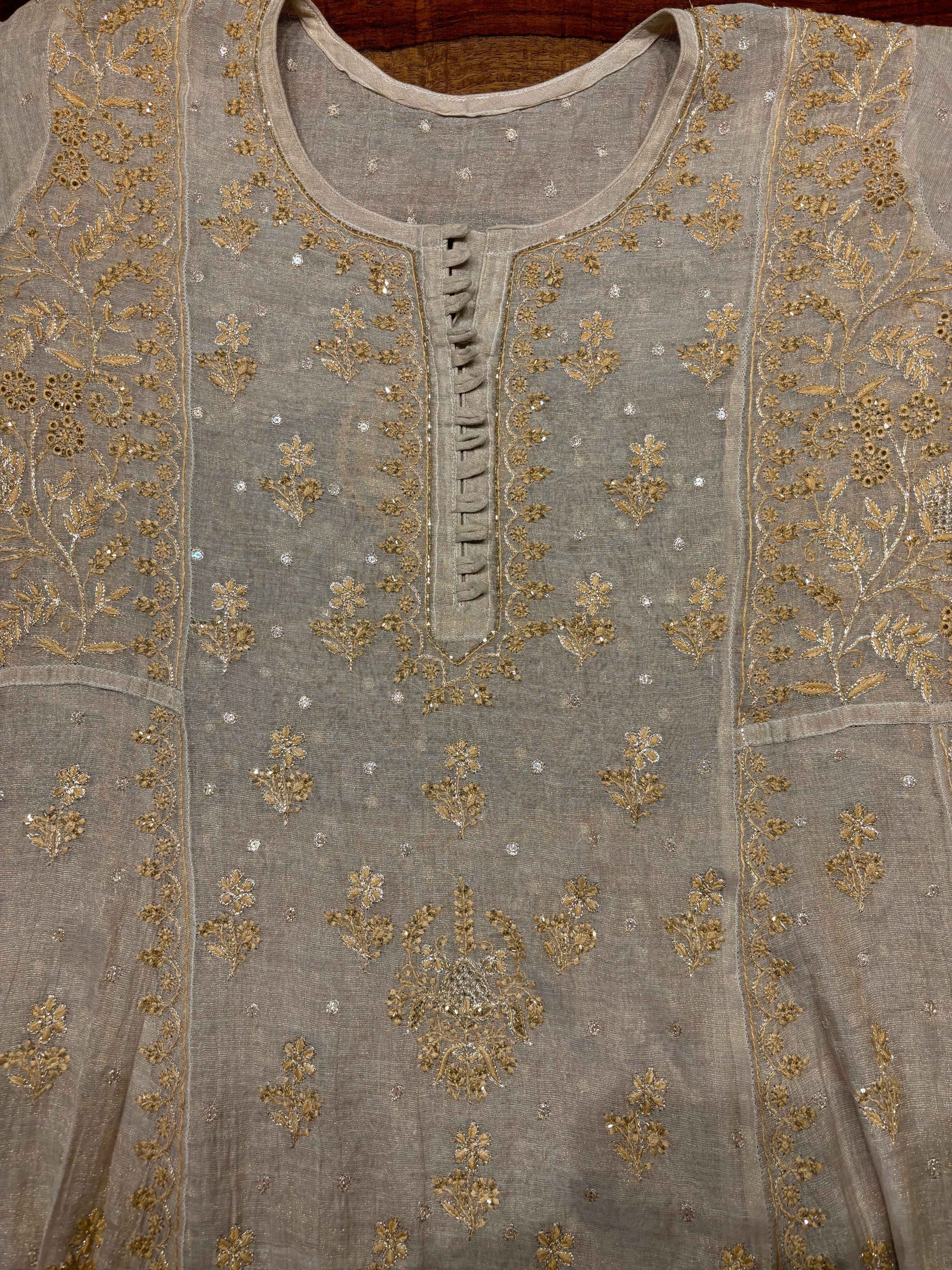 Dyeable Golden Pure Tissue Chikankari Anarkali and Dupatta - Pleats PleaseChikankari