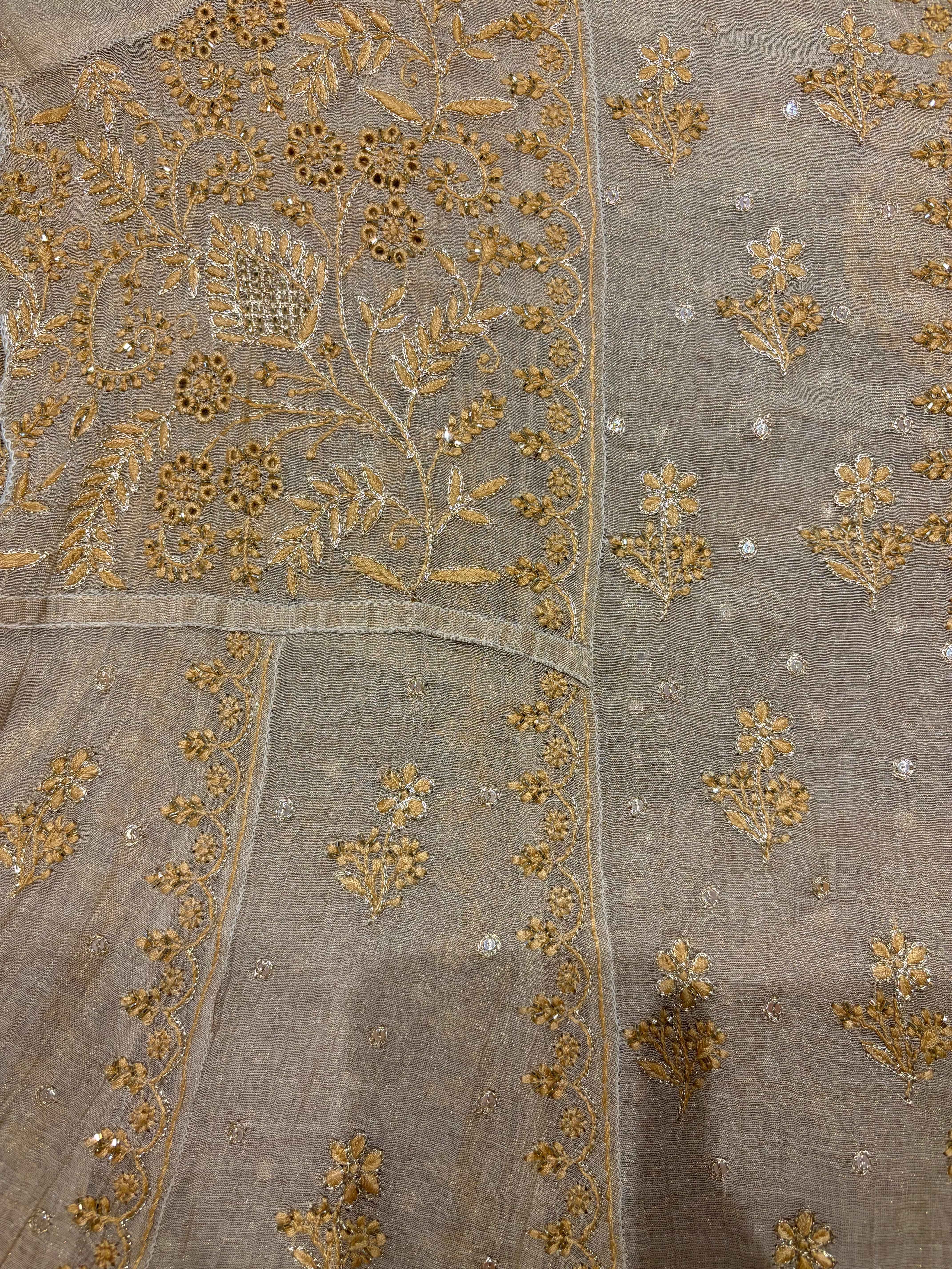 Dyeable Golden Pure Tissue Chikankari Anarkali and Dupatta - Pleats PleaseChikankari