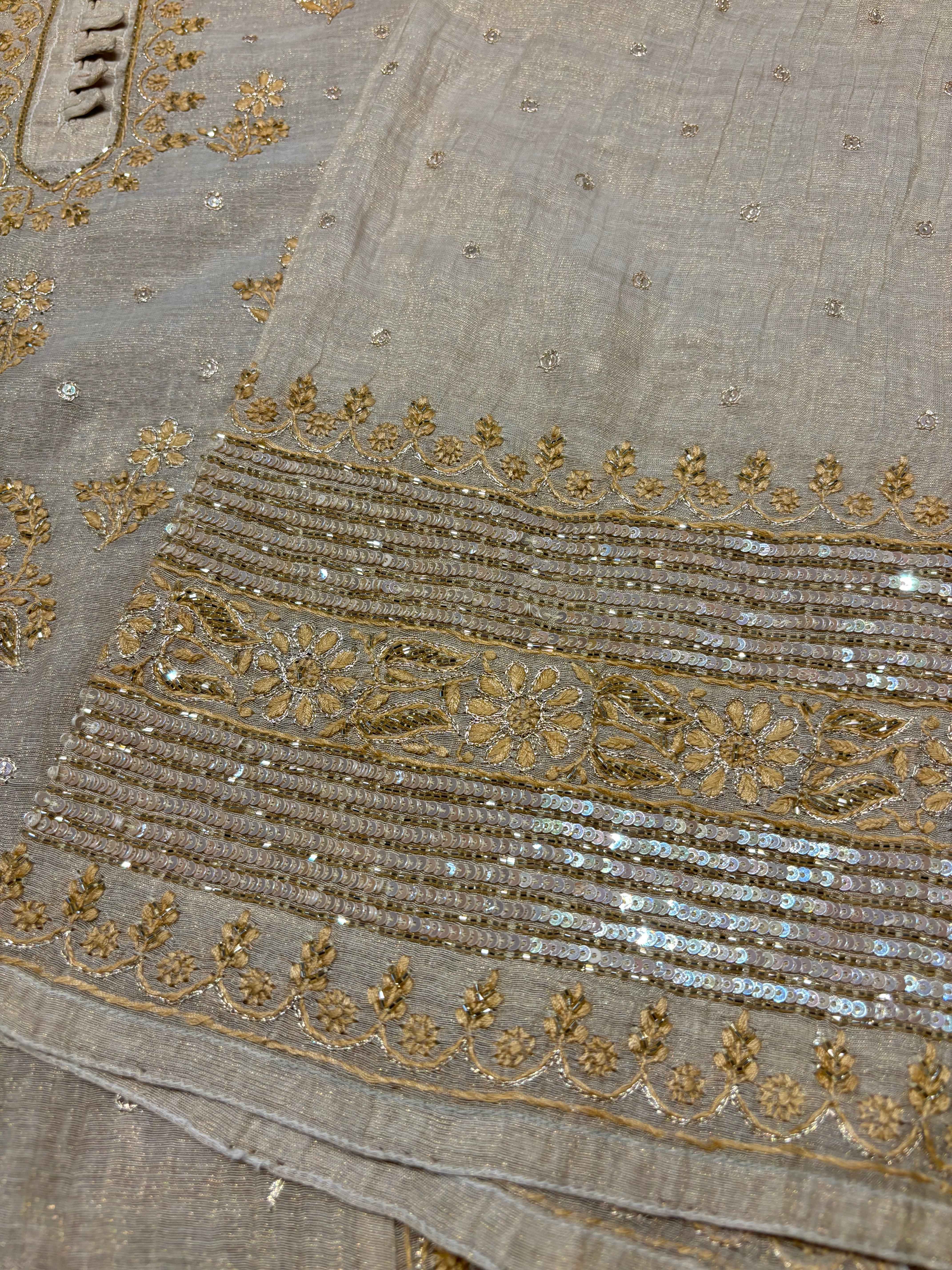 Dyeable Golden Pure Tissue Chikankari Anarkali and Dupatta - Pleats PleaseChikankari