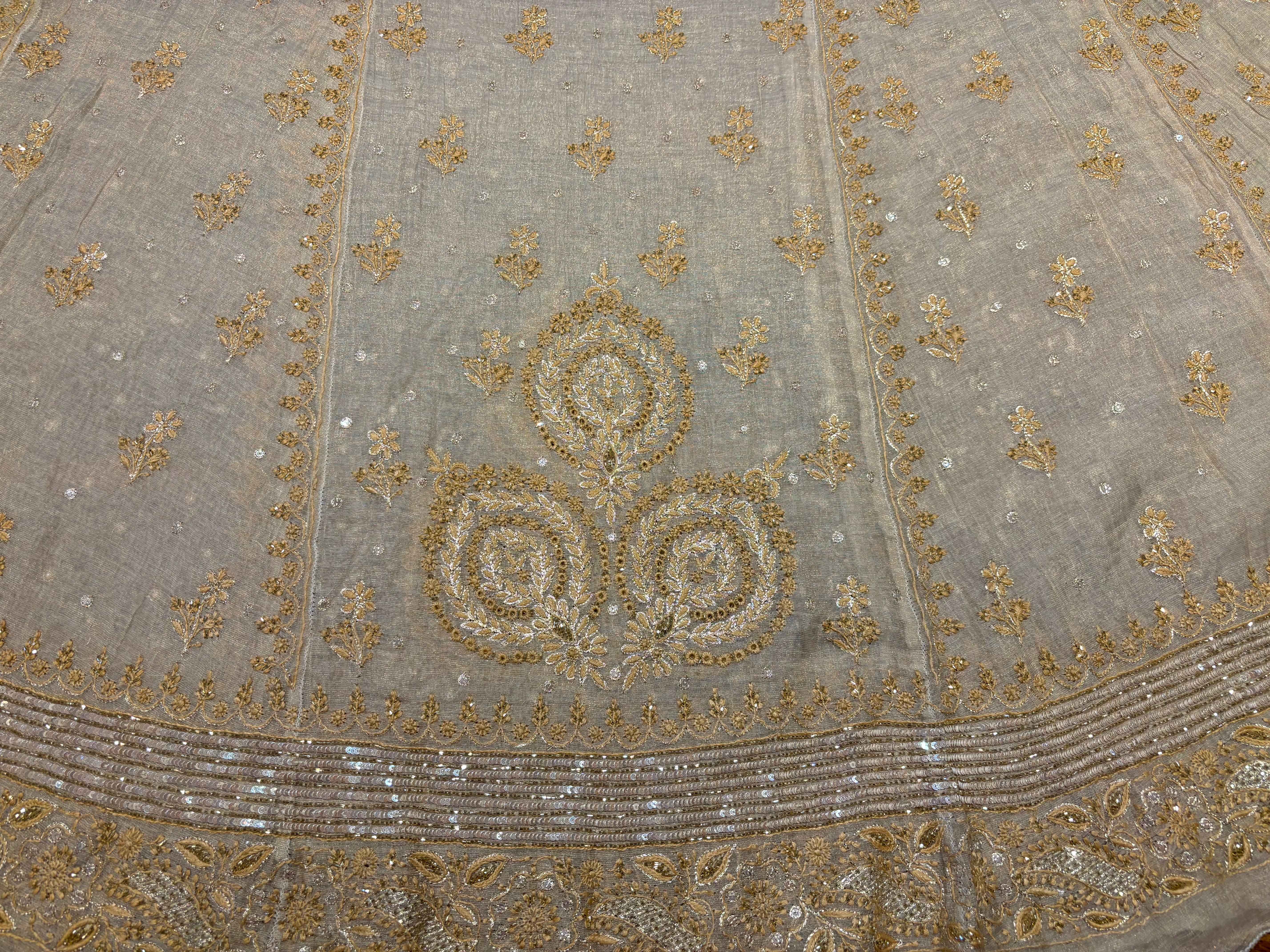 Dyeable Golden Pure Tissue Chikankari Anarkali and Dupatta - Pleats PleaseChikankari