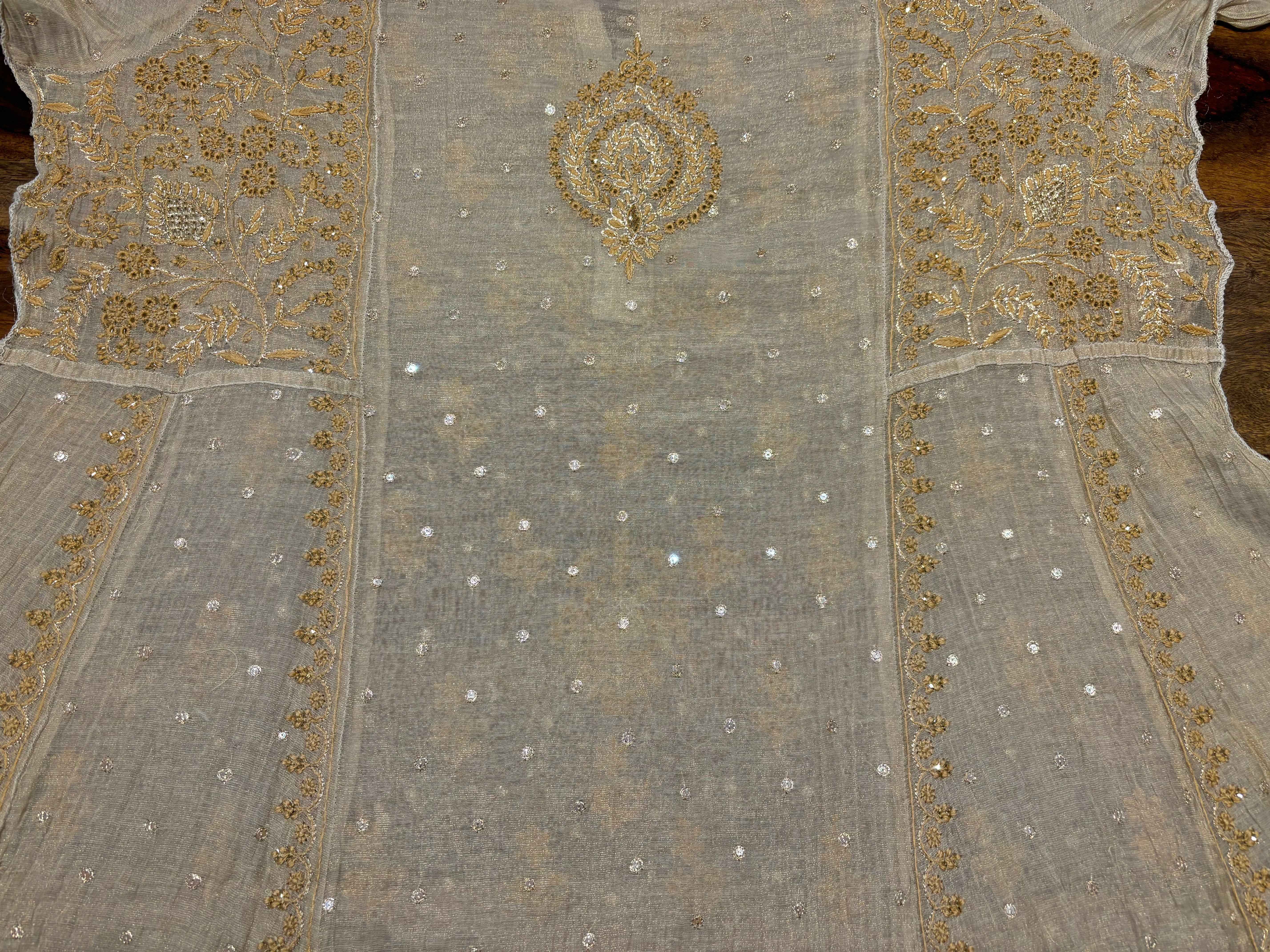Dyeable Golden Pure Tissue Chikankari Anarkali and Dupatta - Pleats PleaseChikankari
