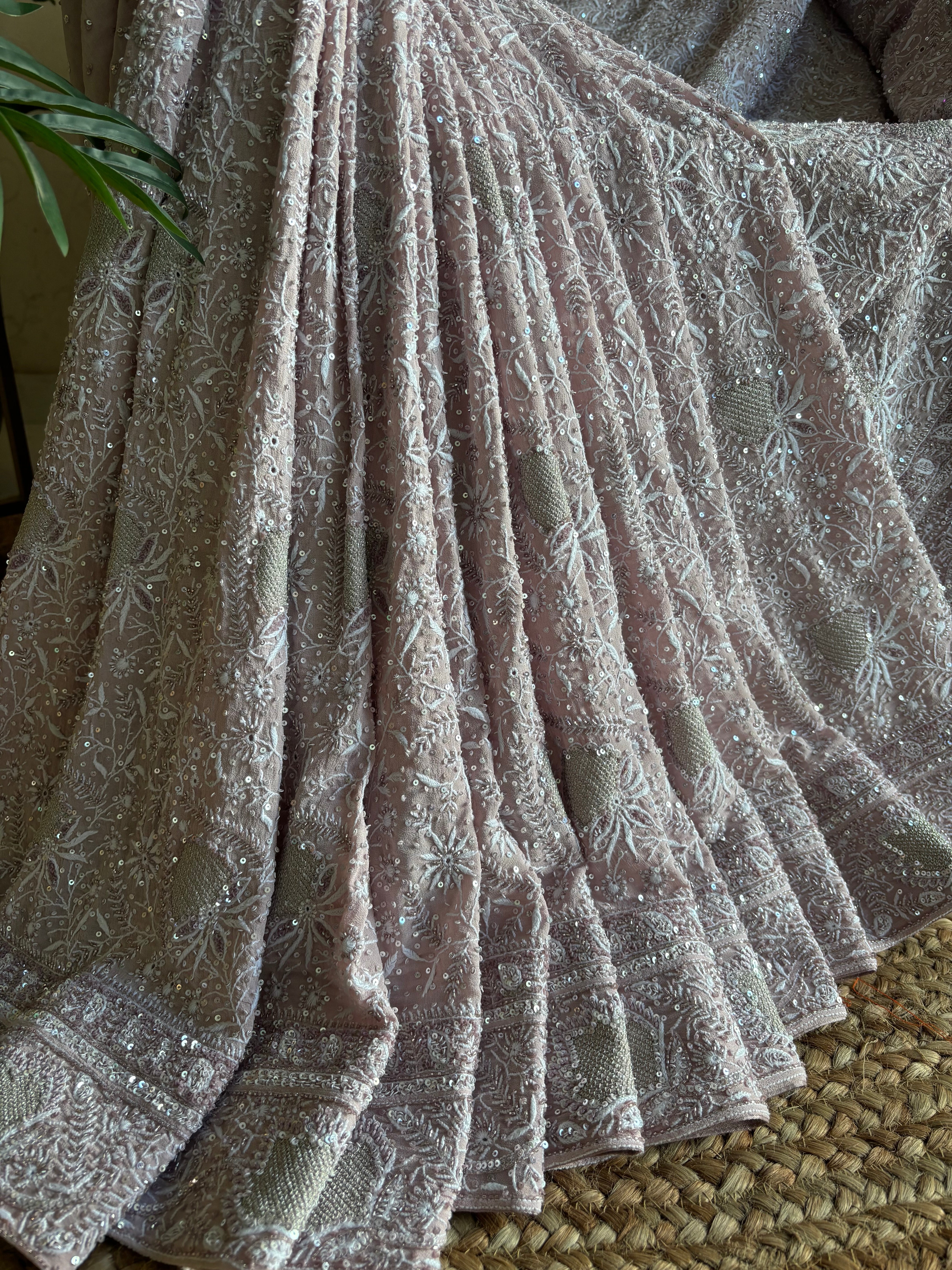 Lavender Mist Pure and Premium Georgette Chikankari Saree And Blouse.