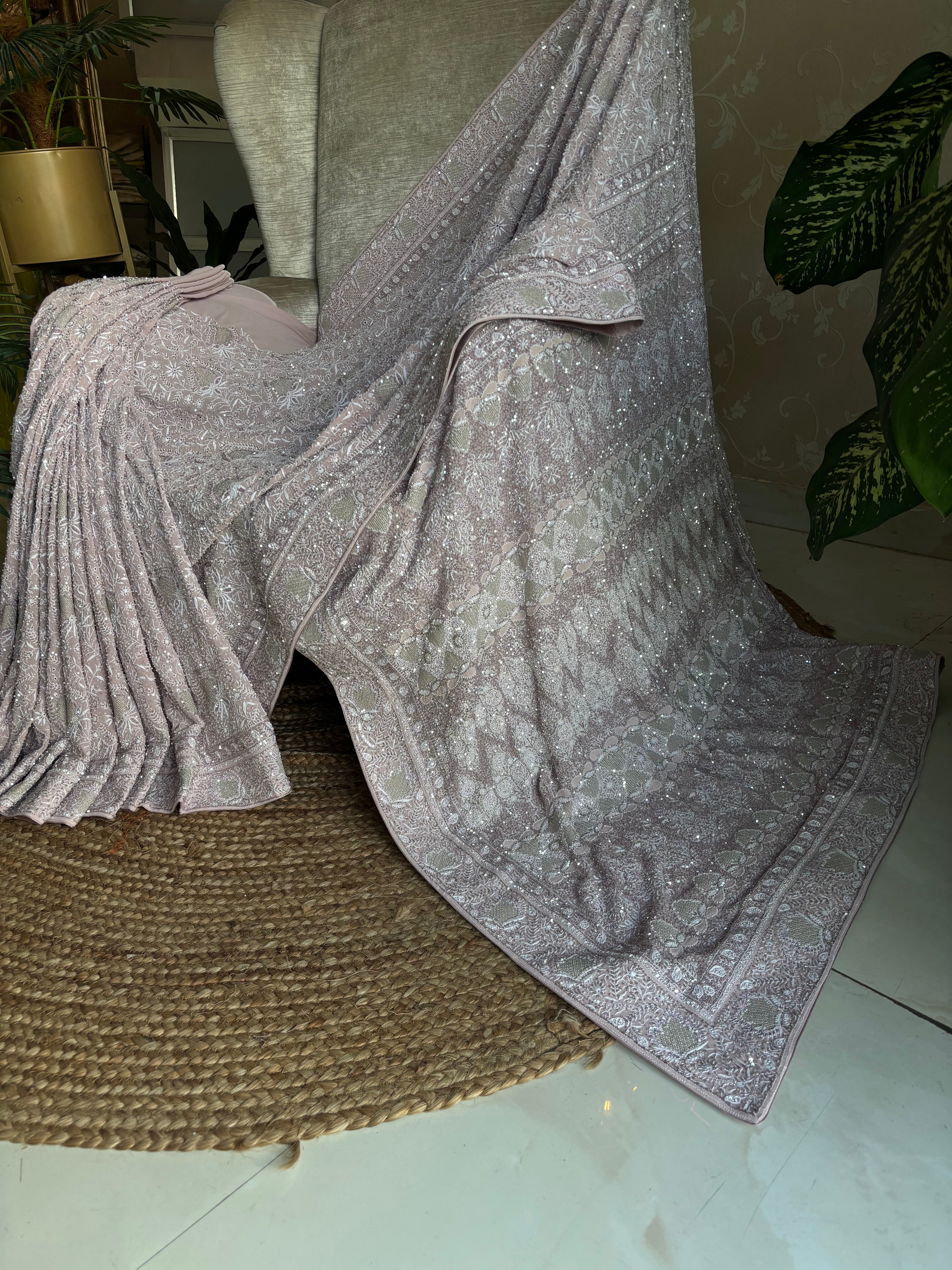 Lavender Mist Pure and Premium Georgette Chikankari Saree And Blouse.