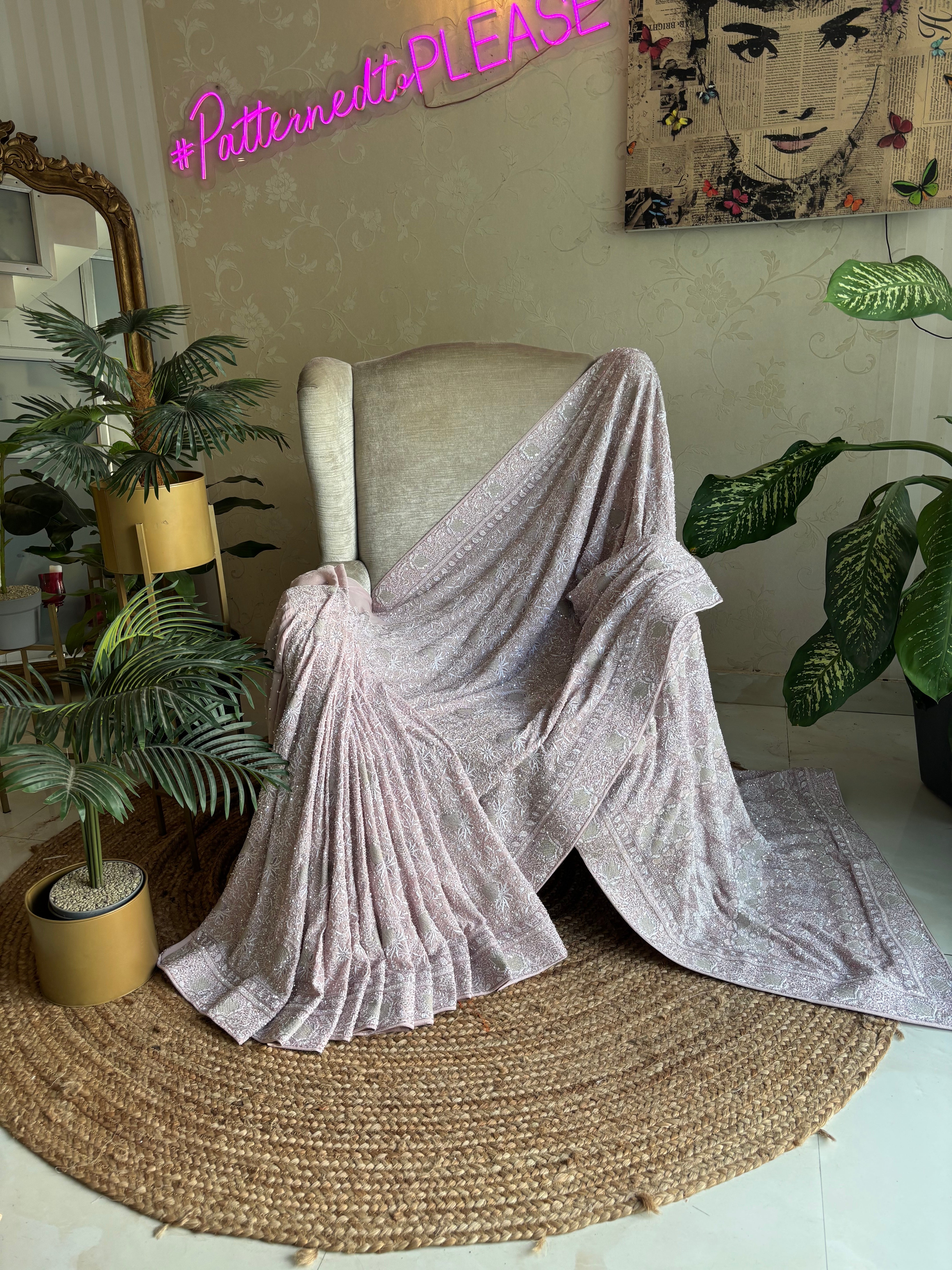 Lavender Mist Pure and Premium Georgette Chikankari Saree And Blouse.