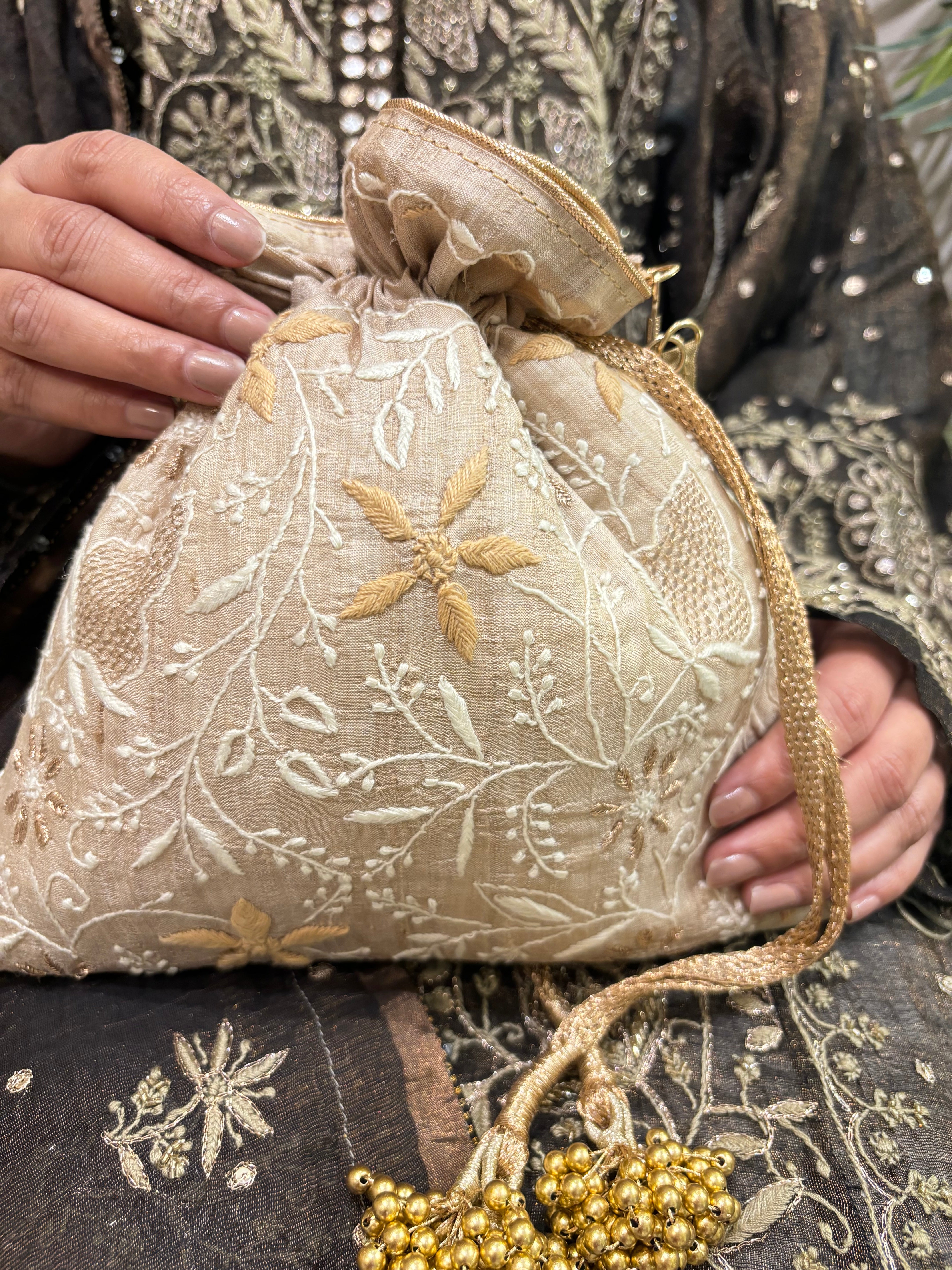 Beige Silk Chikankari Potli