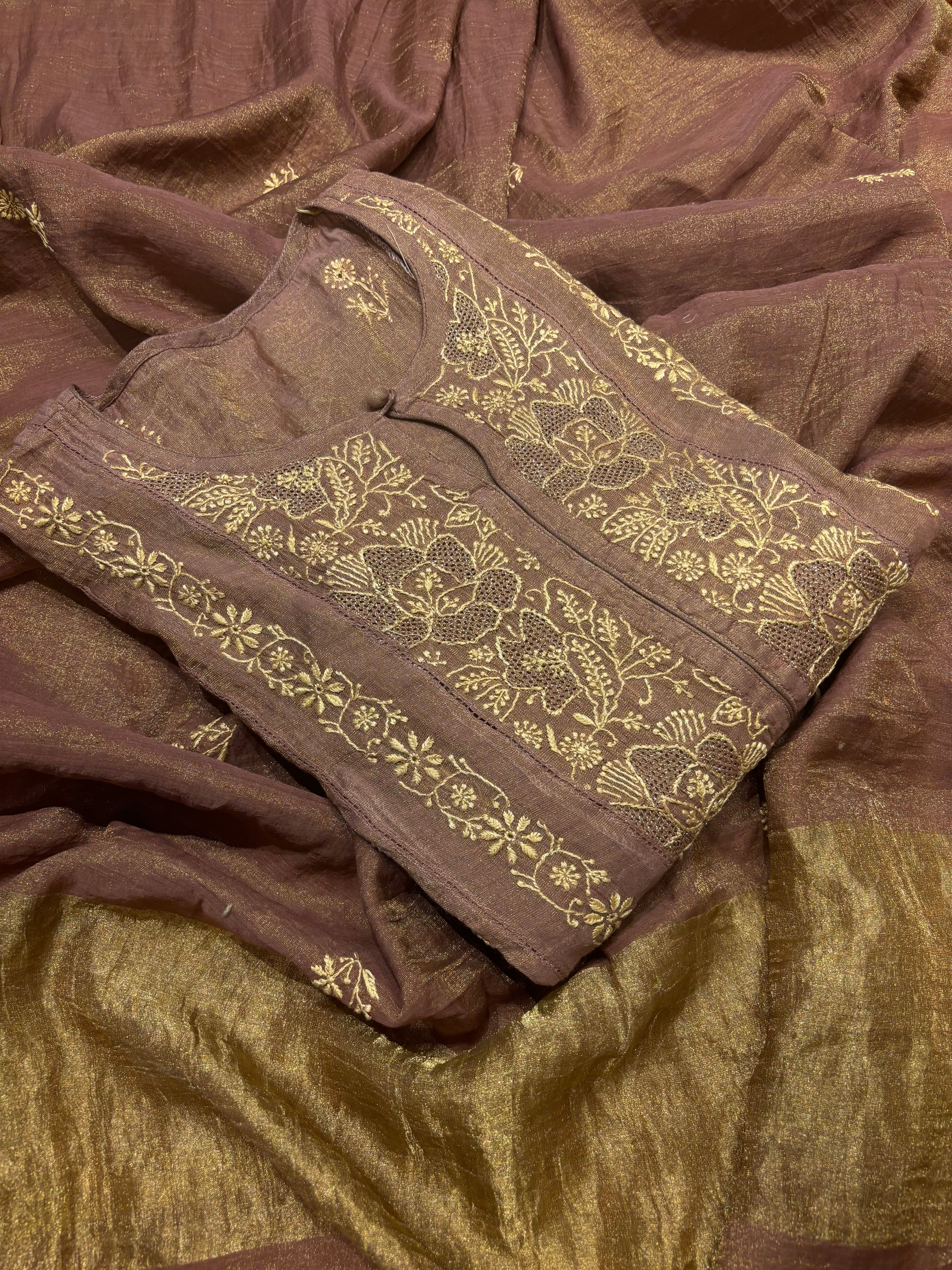Garnet Pure Tissue Chikankari Kurta and Dupatta