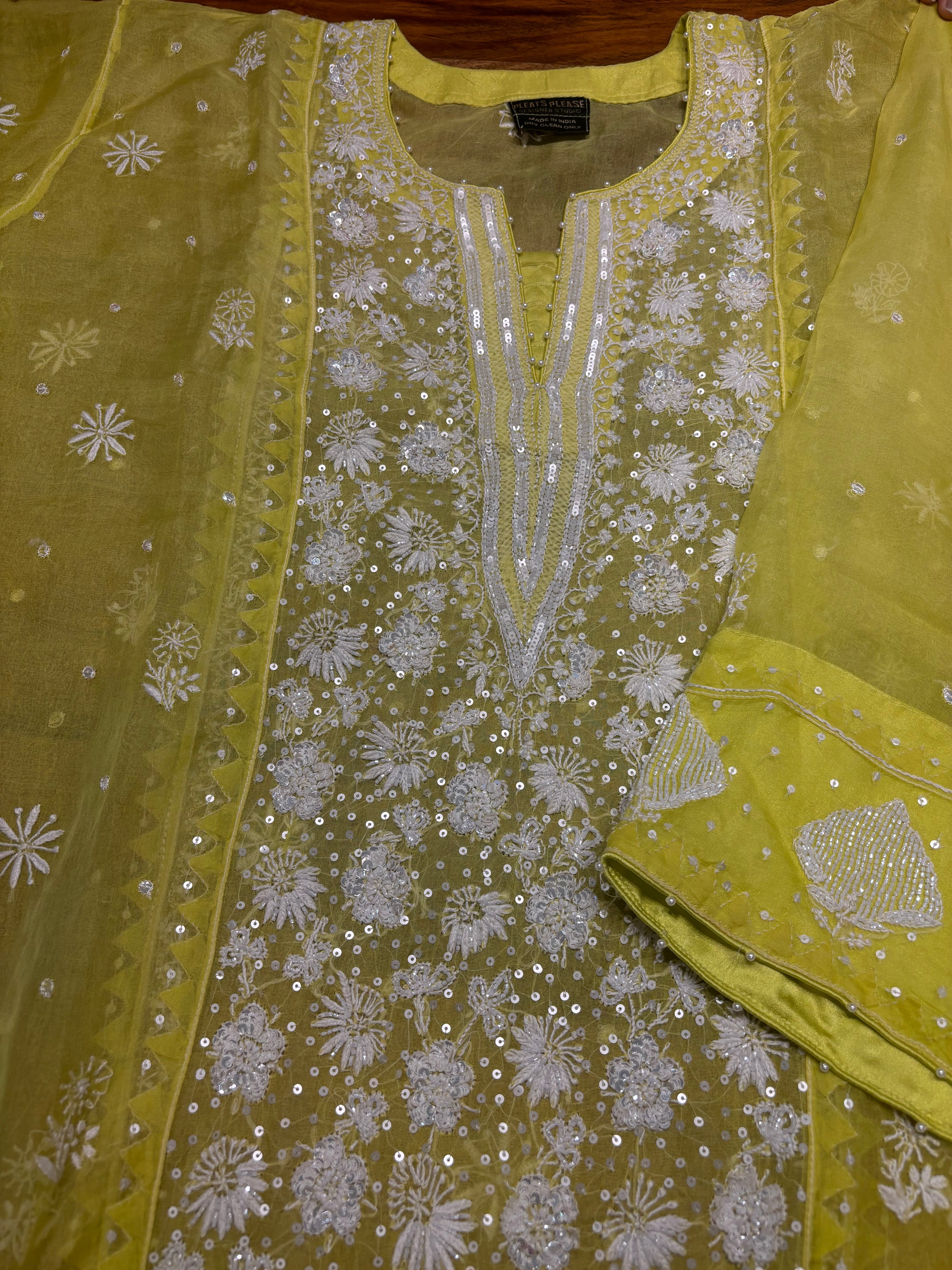 Lime Green Organza Silk Chikankari Kurta and Dupatta