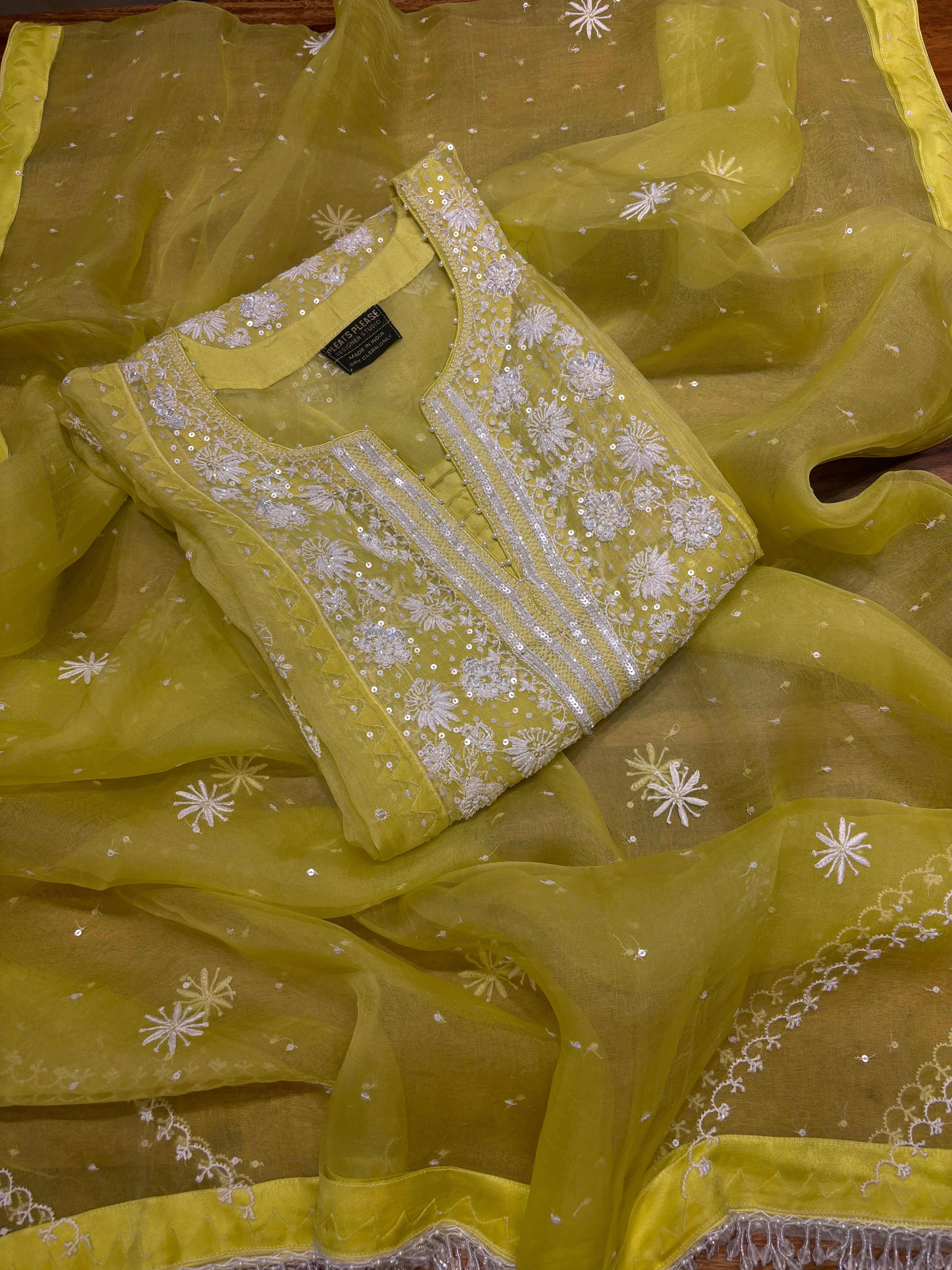 Lime Green Organza Silk Chikankari Kurta and Dupatta