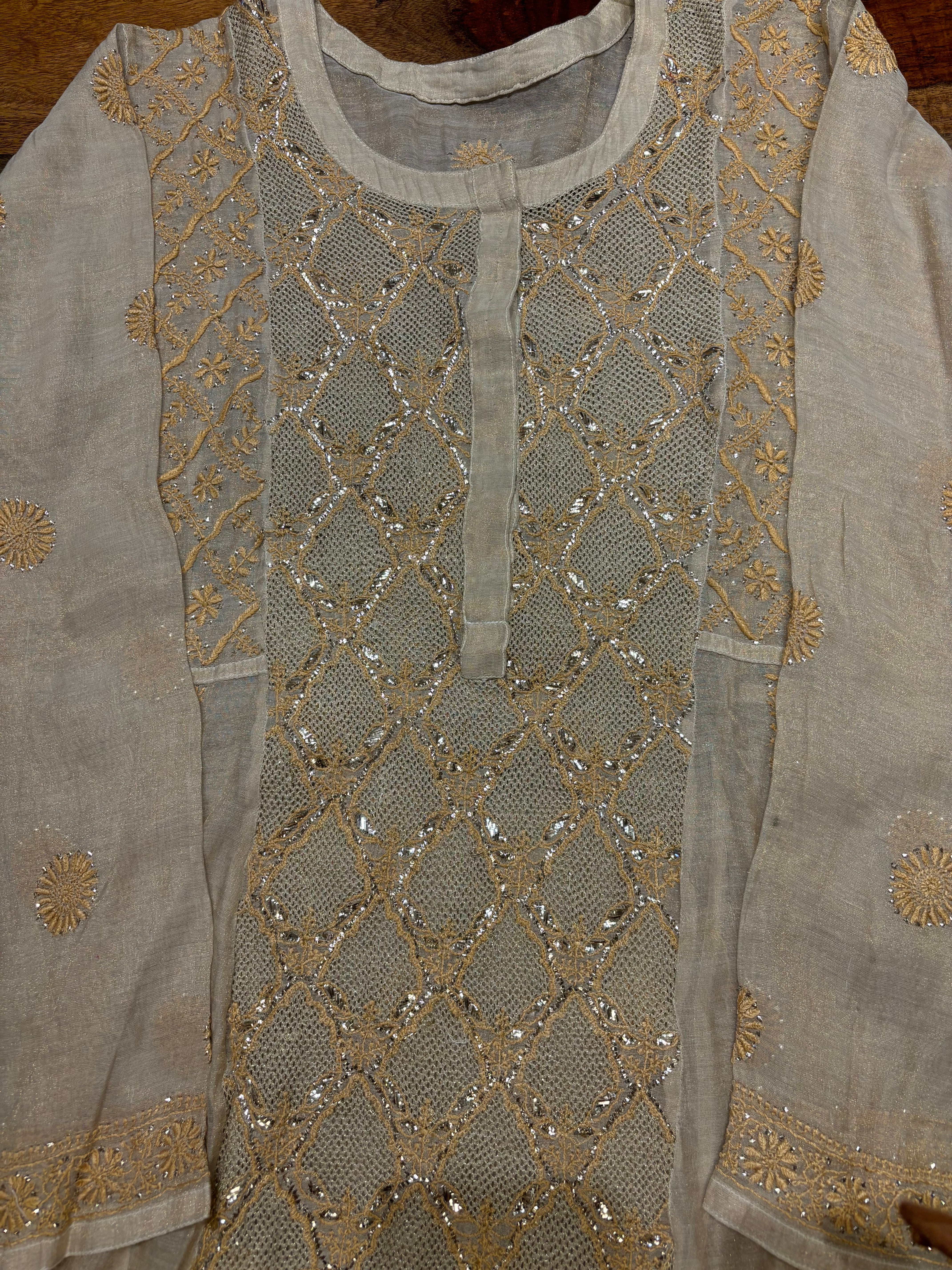 Golden Pure Tissue Chikankari Anarkali and Dupatta